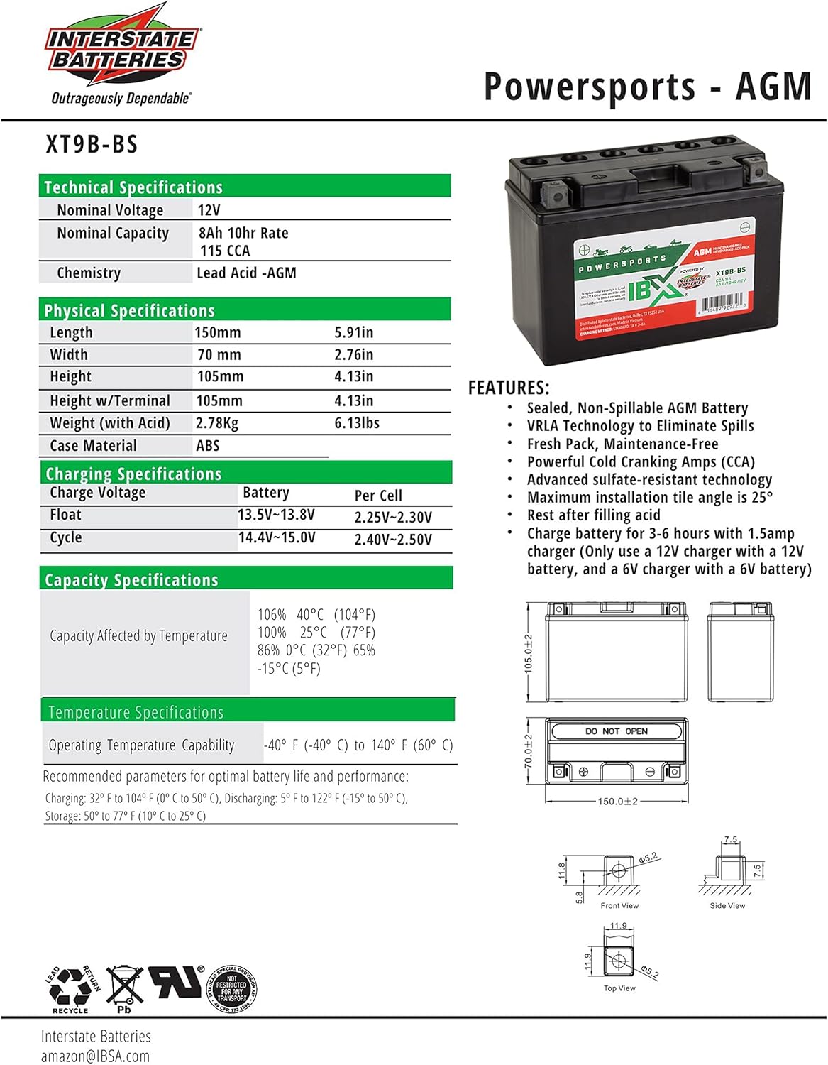 Interstate Batteries YT9B-BS Powersports Batería y cargador (paquete) Batería AGM de 12 V 8 Ah para motocicletas, bicicletas, cuatrimotos, scooters