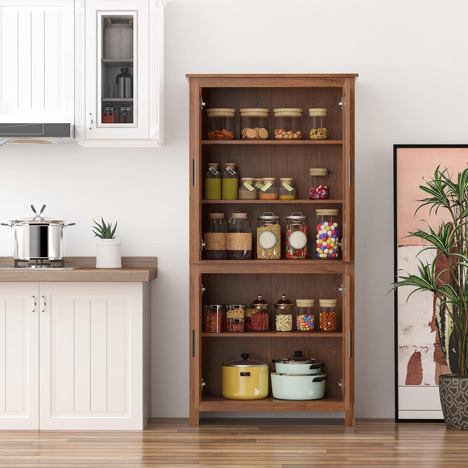 HOMCOM Despensa de cocina de 4 puertas de 64 pulgadas, armario de almacenamiento independiente con 3 estantes ajustables para cocina, comedor o sala