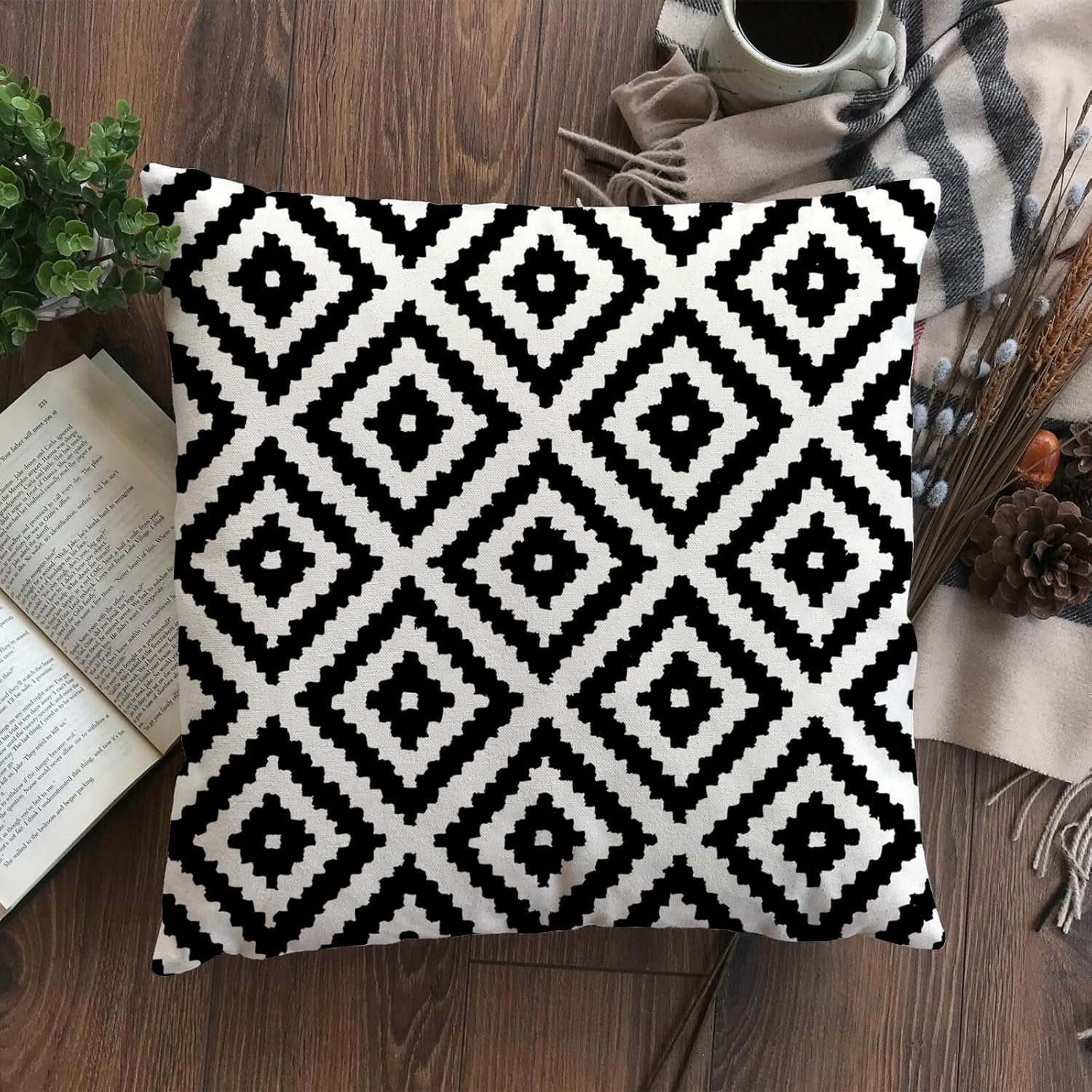 2 fundas de almohada de 18 x 18 pulgadas con patrón geométrico blanco y negro, funda de almohada con patrón retro para decoración del hogar, funda