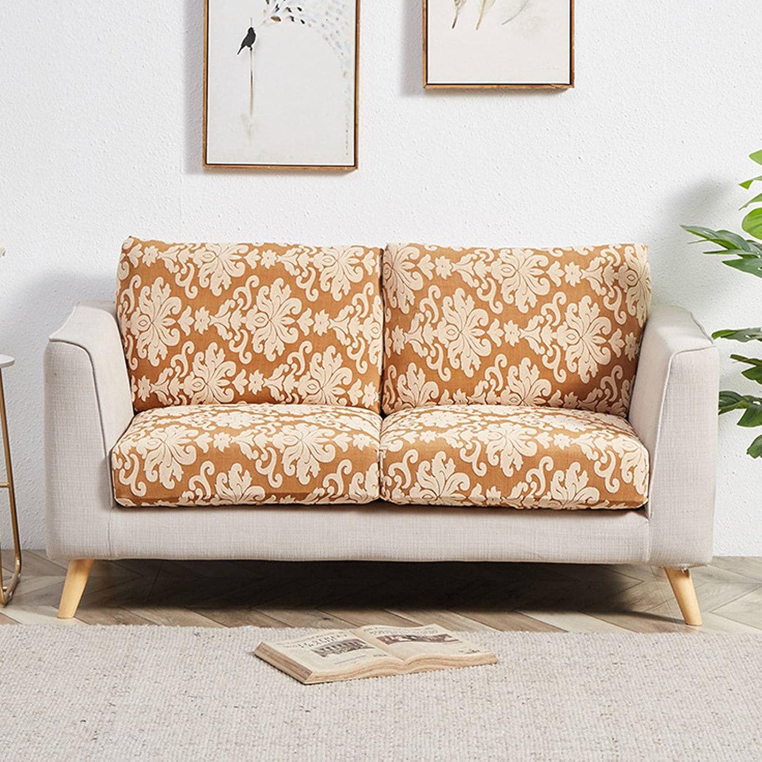 Fundas de cojín para sofá, fundas elásticas de cojín de sofá de jacquard de damasco, funda de cojín para sofá, protector de muebles, champán, 2