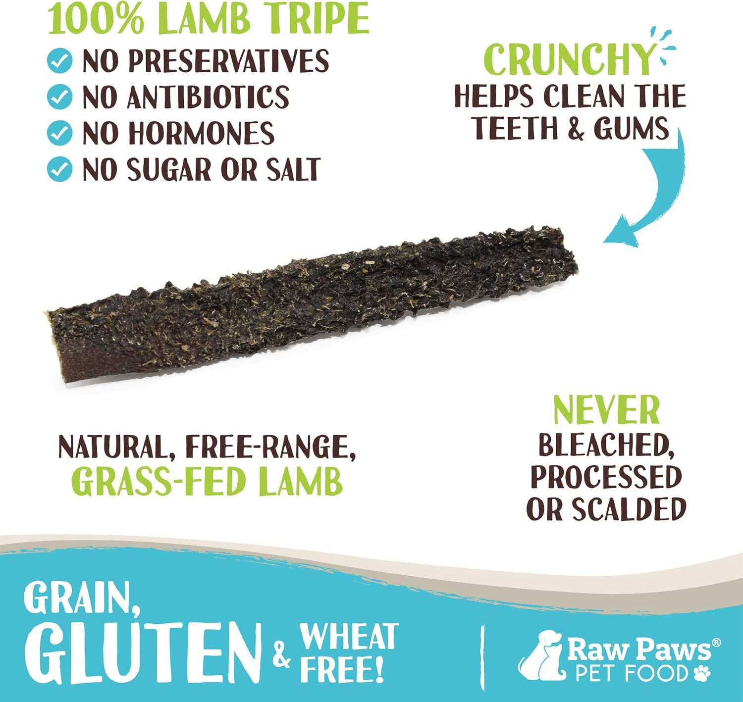 Raw Paws Green Lamb Tripe Sticks para perros, paquete de 25  Un solo ingrediente, golosinas crujientes de cordero verde tripa para perros