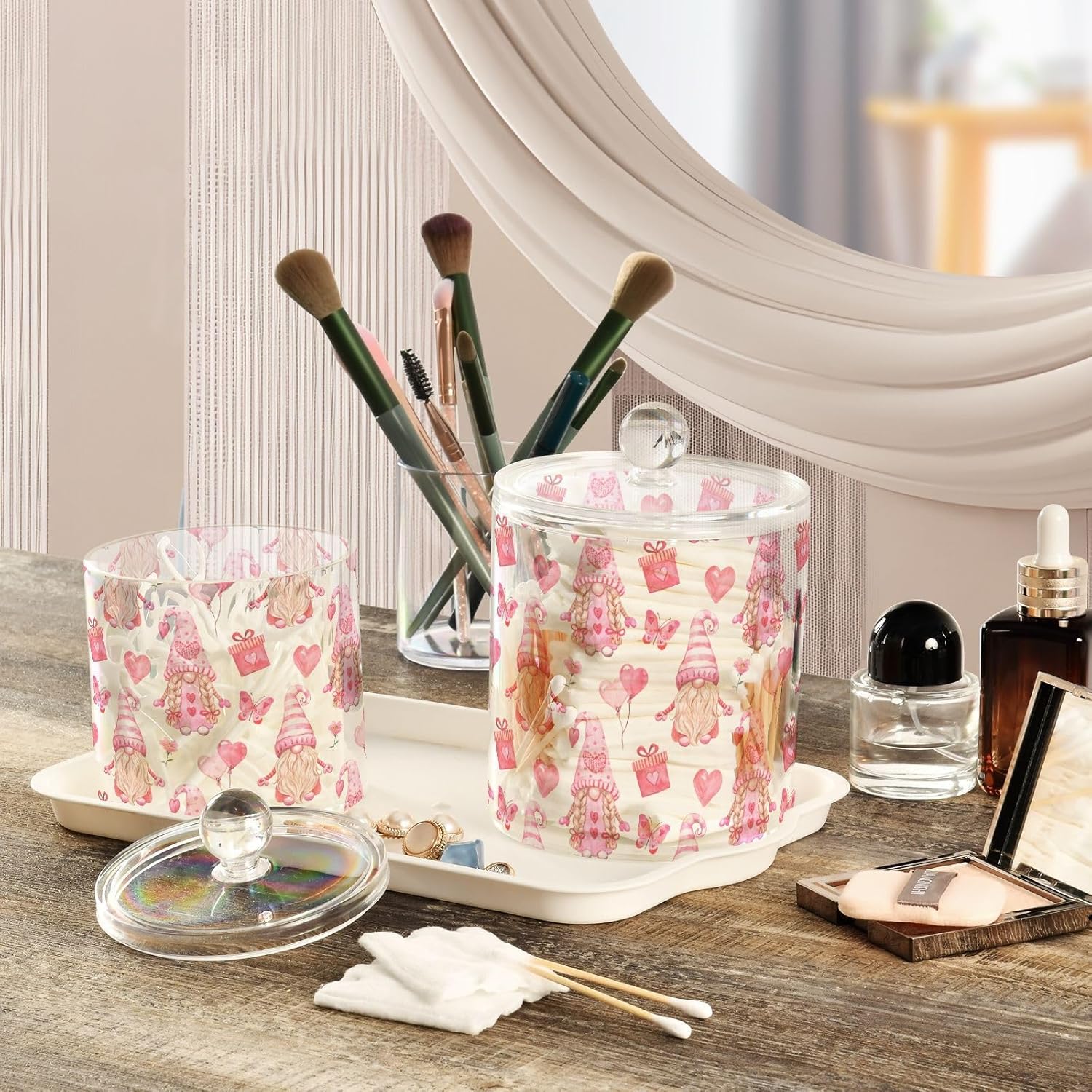 Valentines Day Gnomes Jars with Lids Plastic Jars Bathroom Containers Canister Jar Cotton Pad Dispenser for Dorm Room Essentials for College