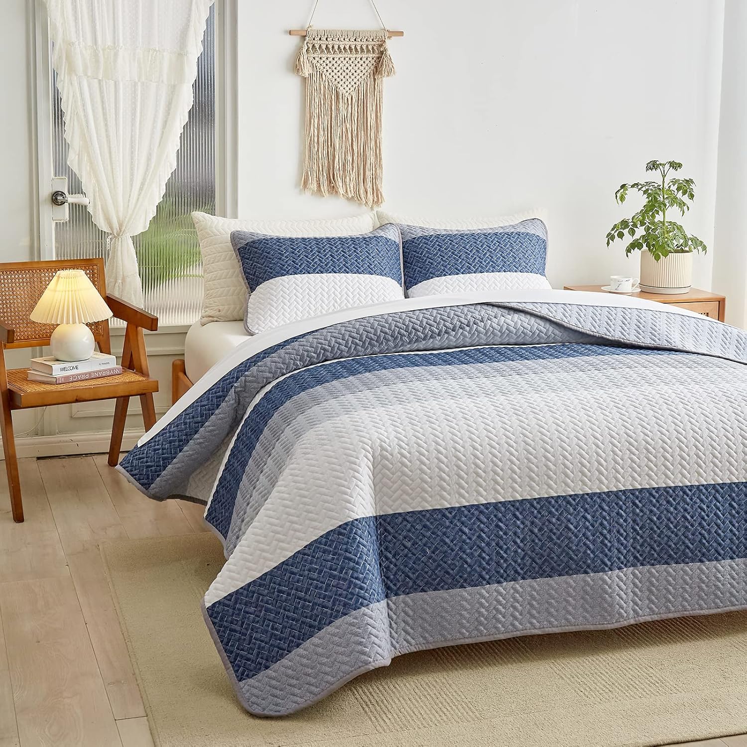 Juego de edredón de algodón a rayas tamaño King con rayas azul marino, blanco, azul, gris, algodón suave, reversible, juego de ropa de cama de 3
