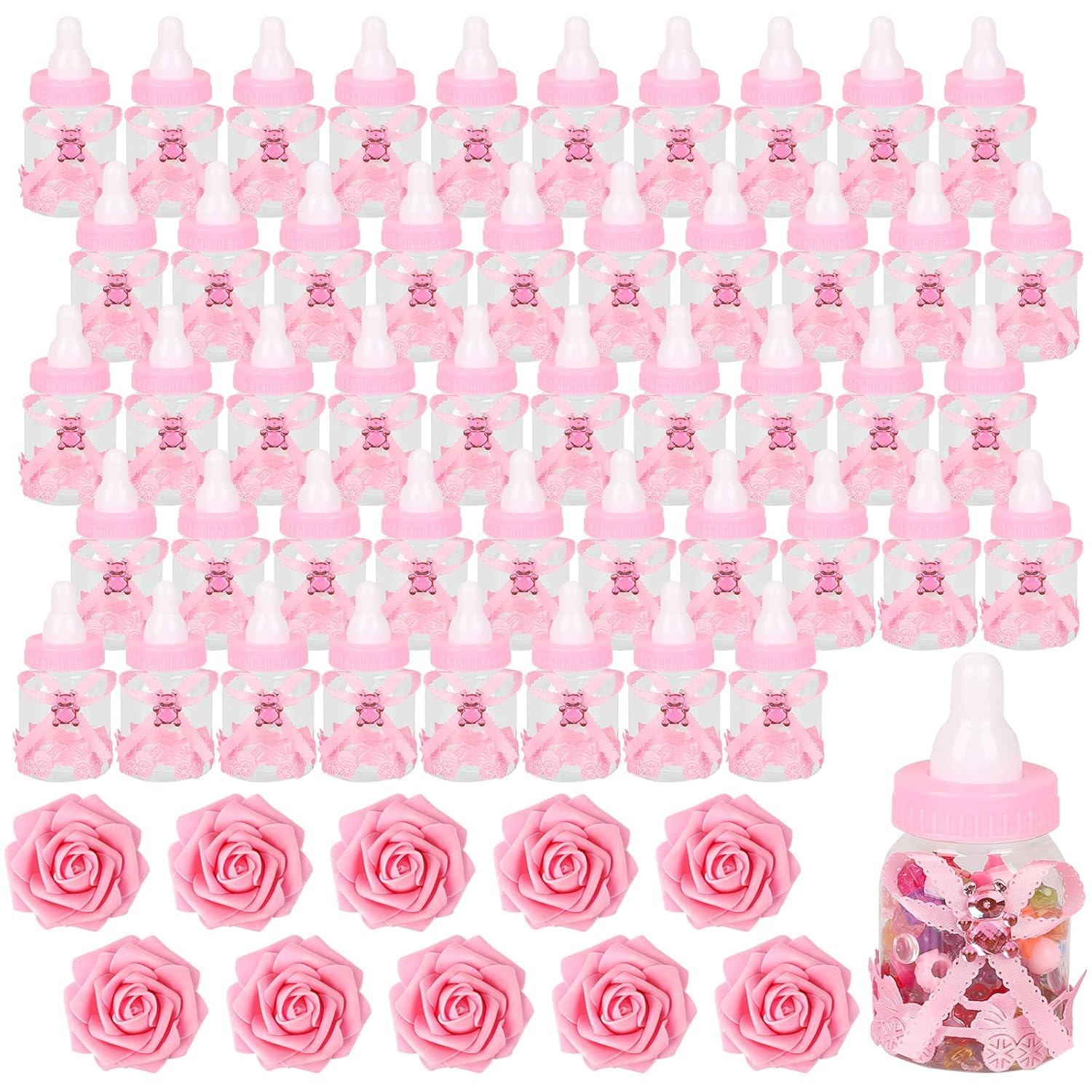 MACTING Biberón para recuerdos de baby shower, 4docenas de mini botellas de caramelo con 10 flores artificiales para niños y niñas, decoración de