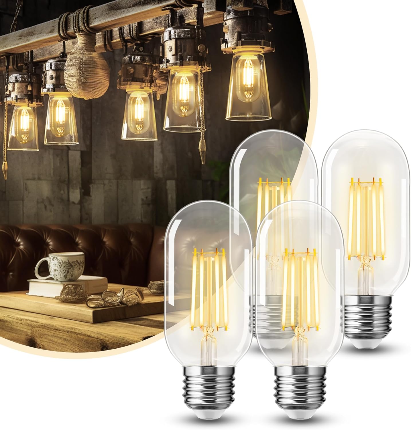 Paquete de 4 bombillas LED Edison, bombillas Edison de 4 W, bombillas de filamento LED antiguas equivalentes a 40 W, base E26, bombilla LED T45 con