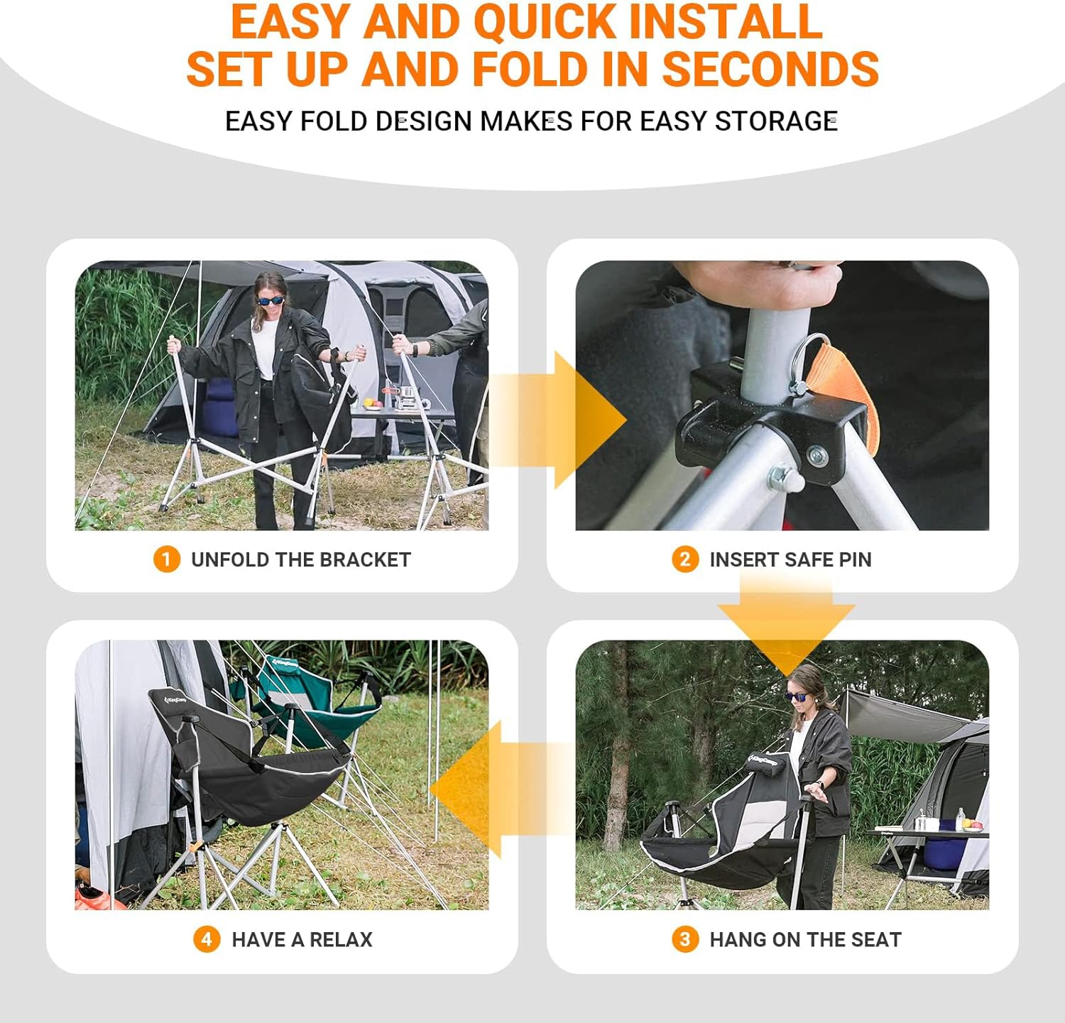 KingCamp Hamaca, silla de camping, mecedora oscilante para adultos, césped, playa, silla plegable portátil con soporte trasero ajustable, soporte