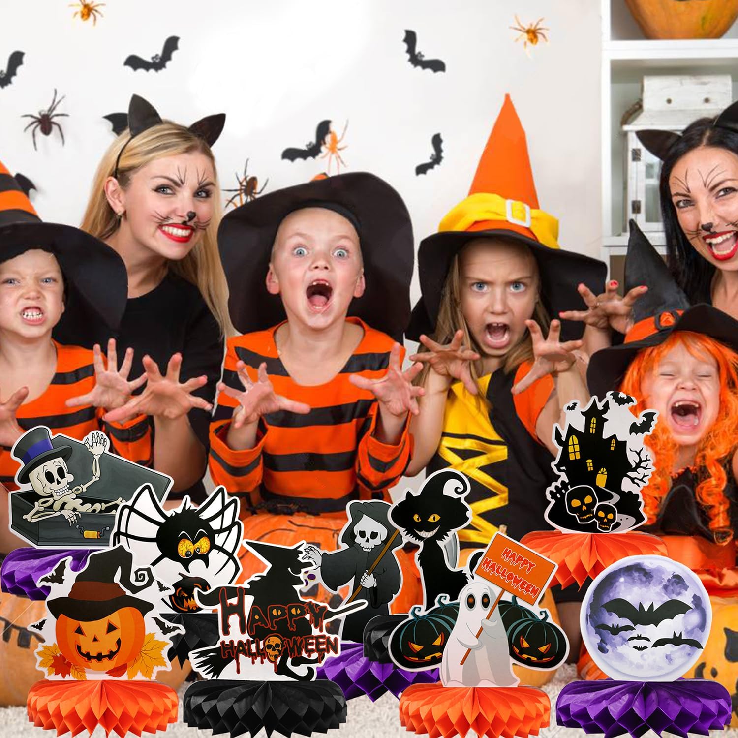 9 piezas de centros de mesa de panal de abeja de Halloween, centros de mesa de abejas para decoración de mesa de fiesta de Halloween, suministros de