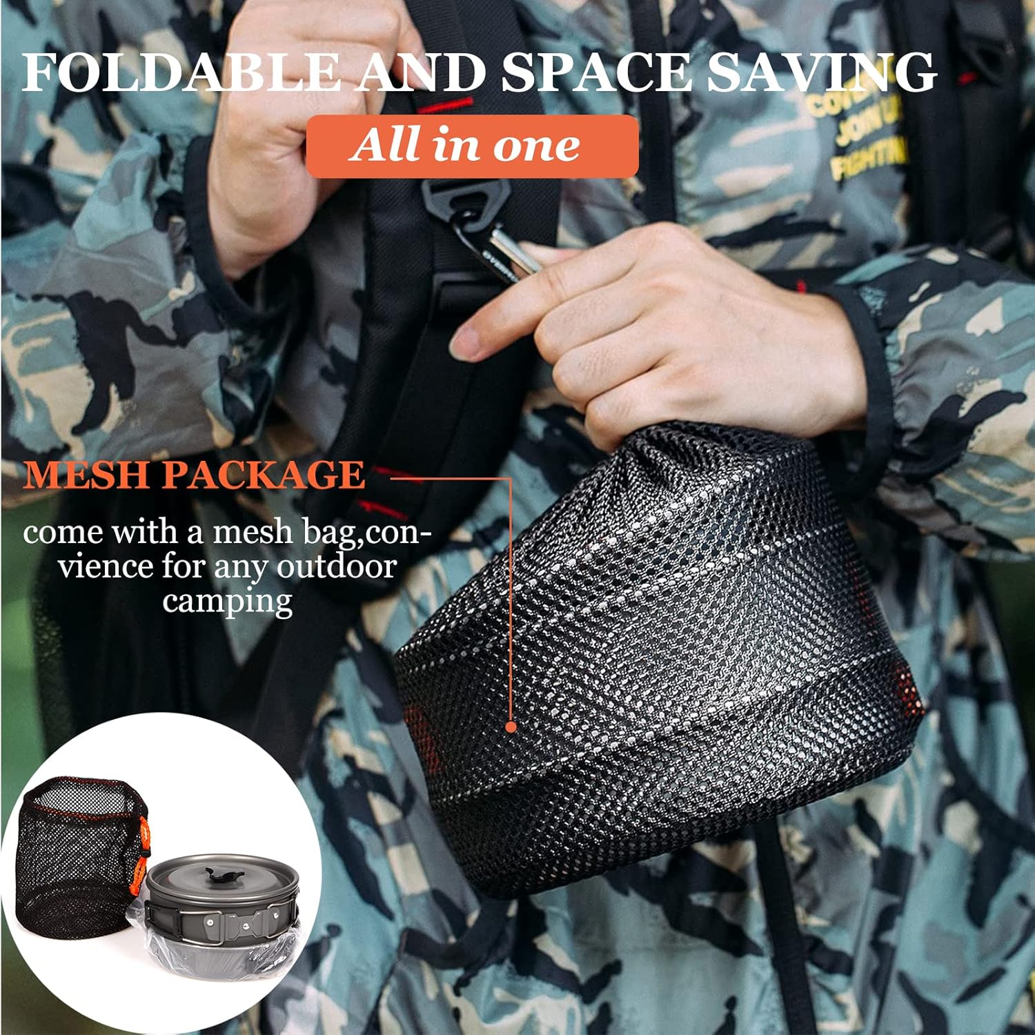 Adviarsim Kit de utensilios de cocina de aluminio para acampar al aire libre, juego de cocina plegable, tetera y sartén, ollas ligeras