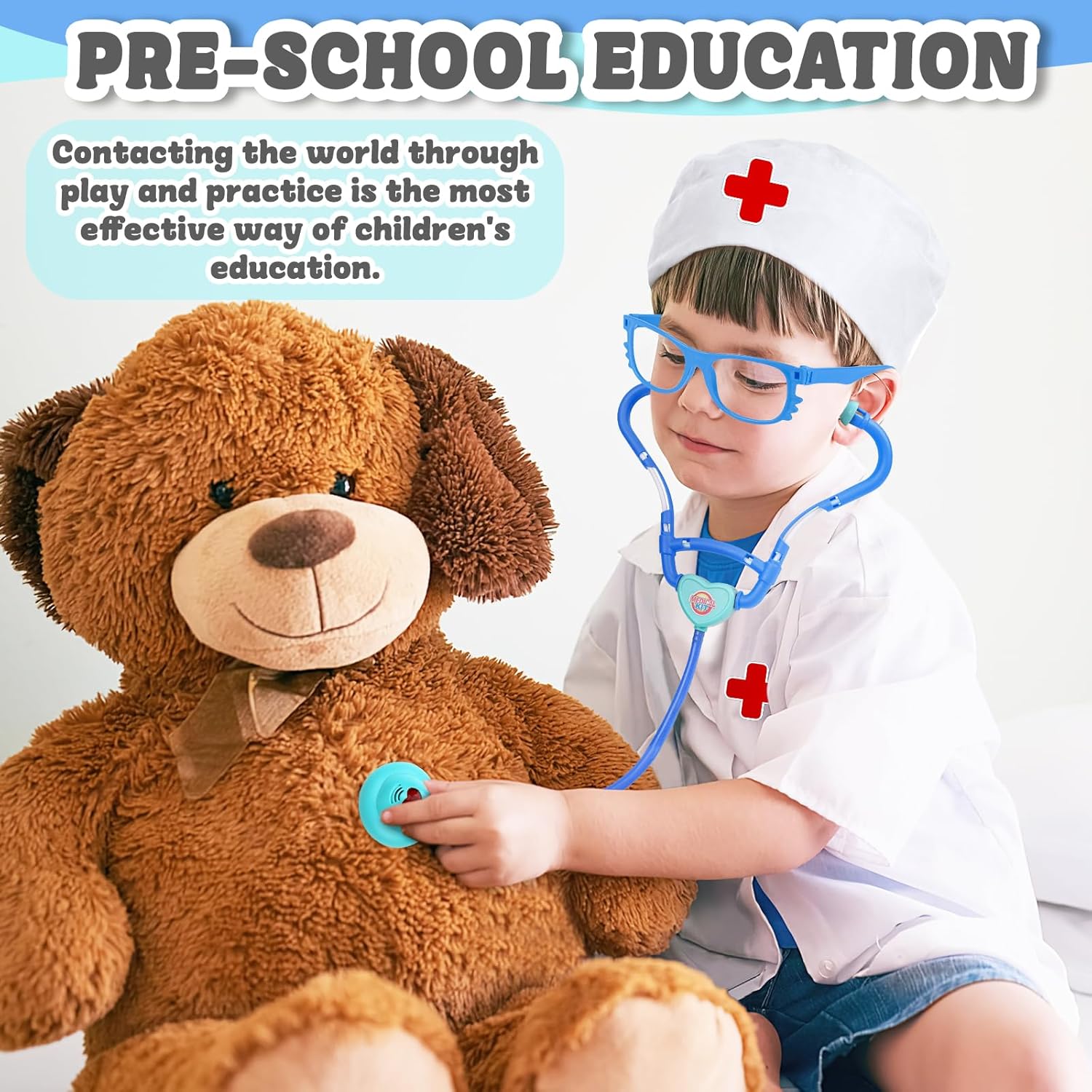 deAO Doctor Cart Kit for Kids Toy Pretend Playset with Doctor Costume Stethoscope and Medical Instruments Role Play Mobile Medical Station Set for