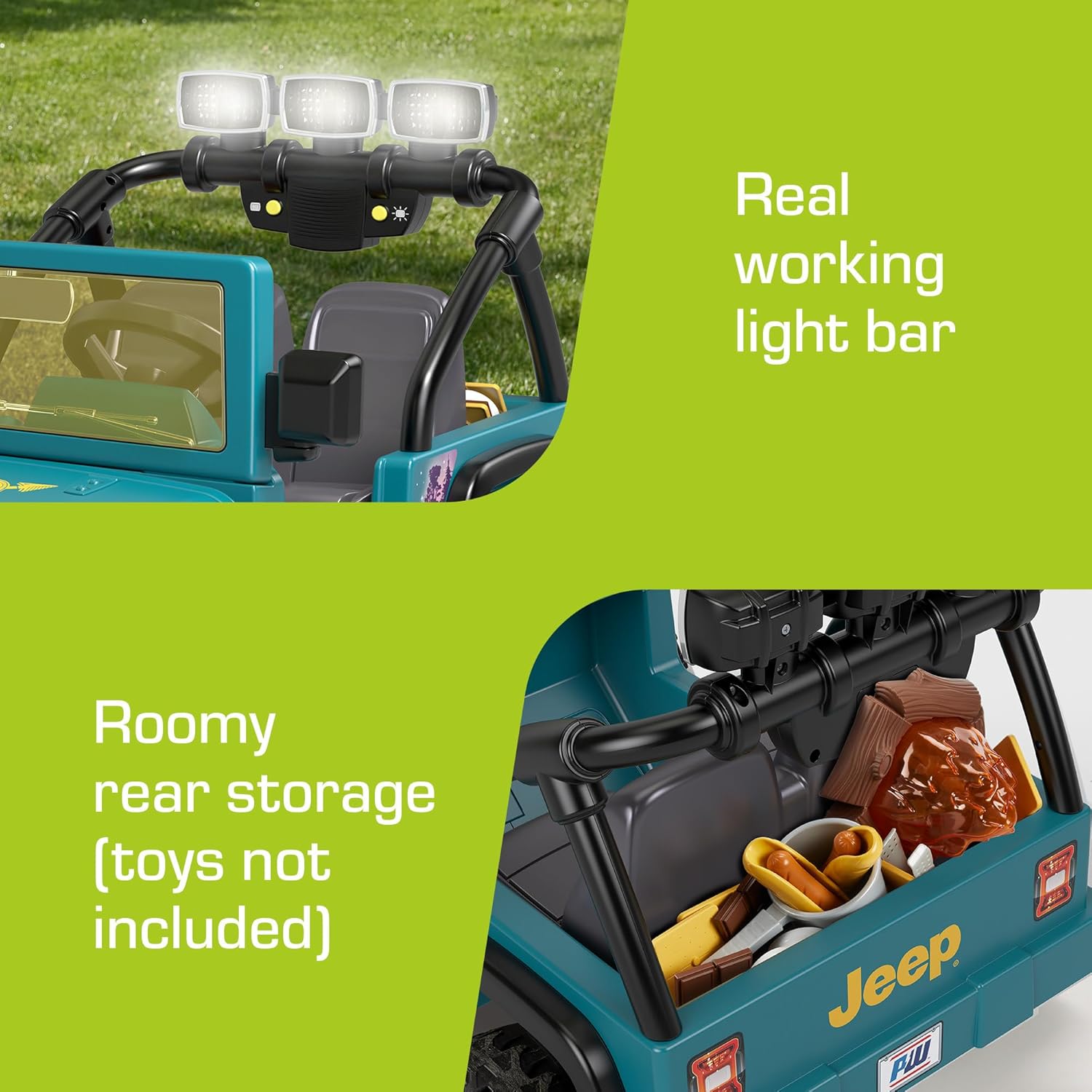 Fisher-Price Power Wheels Jeep Wrangler montable para ir camping con comida de simulación, equipo de campamento y luces, juguete preescolar,