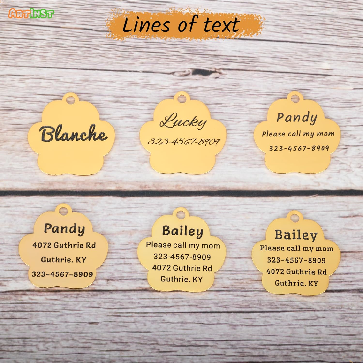 Etiqueta para perro con grabado personalizado de hasta 5 líneas de contenido para el nombre e información de tu mascota, bonita etiqueta de
