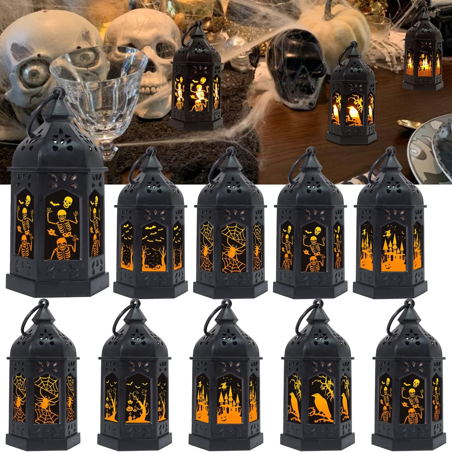 SHYMERY Halloween Lantern,Mini Lantern Decorative Lights with Flickering Candles,Glass Hanging LED Small Candle Lanterns Gifts for