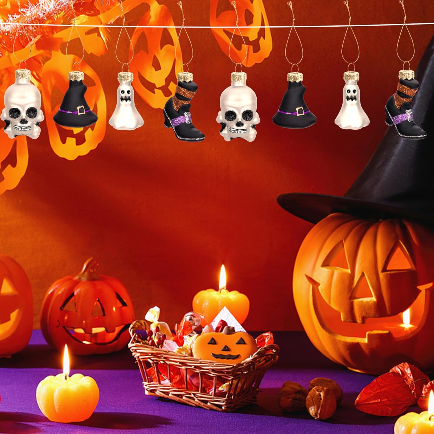 12 adornos colgantes de cristal del Día de los Muertos, adornos de calavera de azúcar del Día de los Muertos, cabeza de esqueleto colgante de