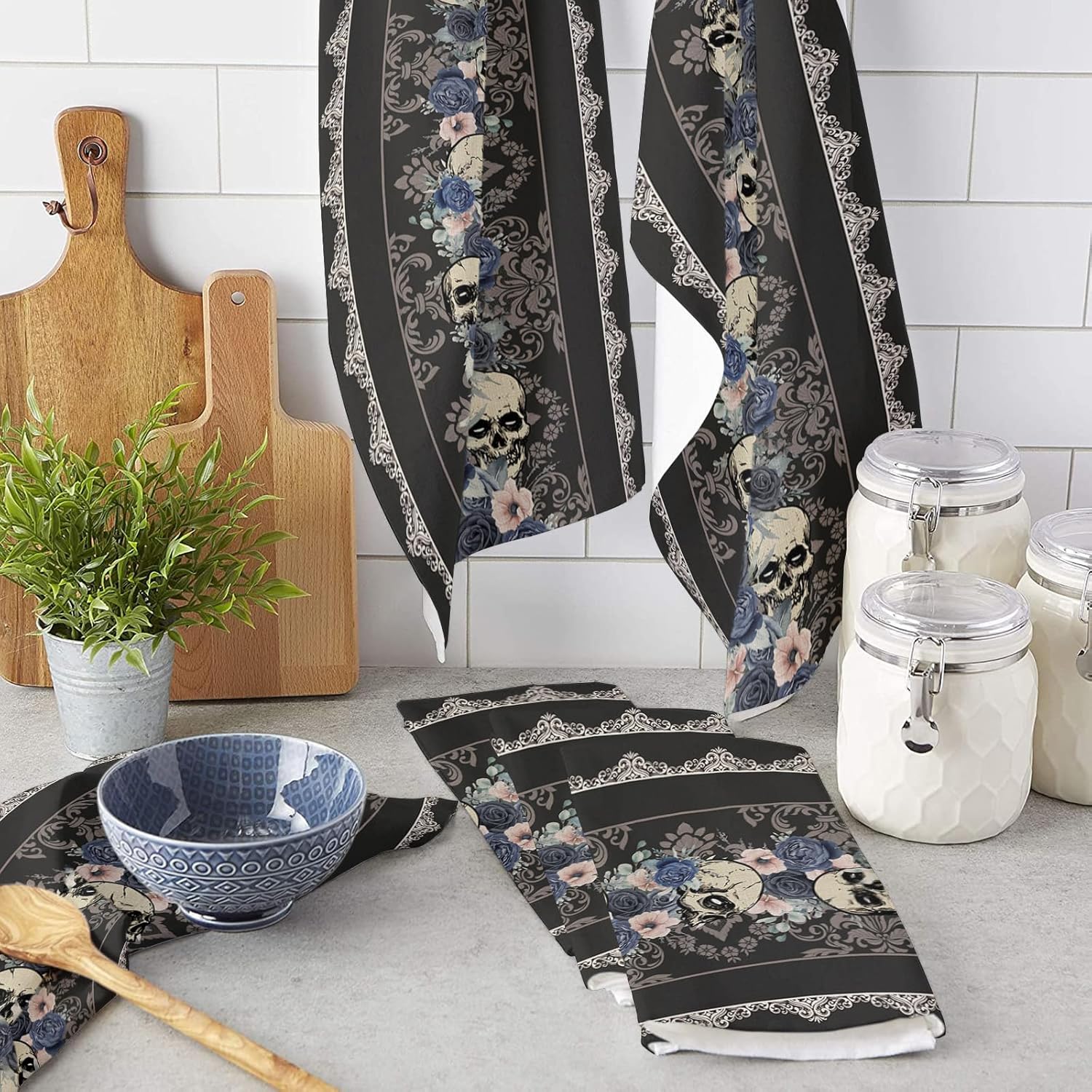 Juego de 2 toallas de cocina y paños de cocina, diseño floral de Halloween con textura de calavera negra de 18 x 28 pulgadas, toallas de mano