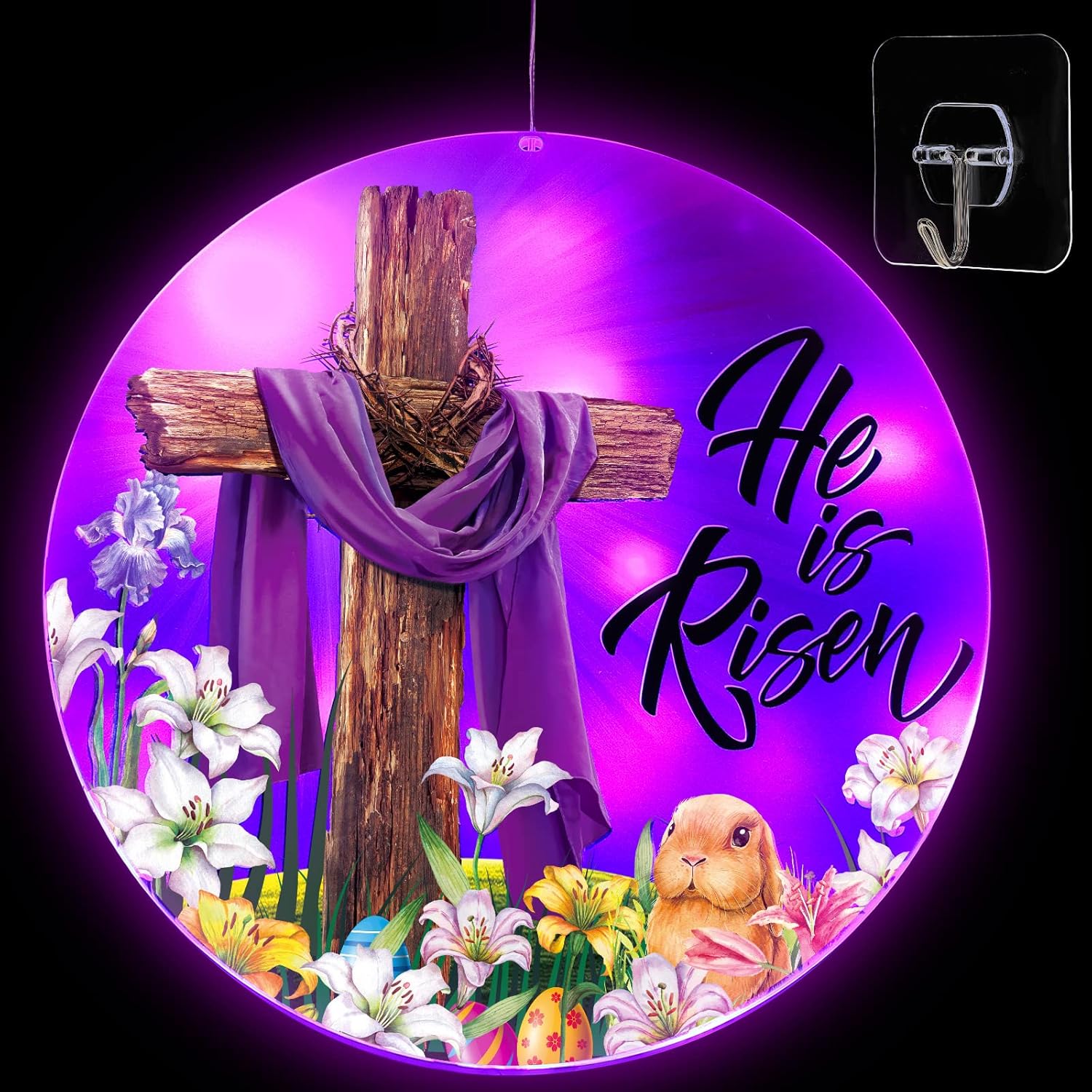 Luces de ventana de Pascua de 11 pulgadas, luces colgantes con texto en inglés “He Is Risen”, letrero de puerta de Jesús cristiano, decoración de