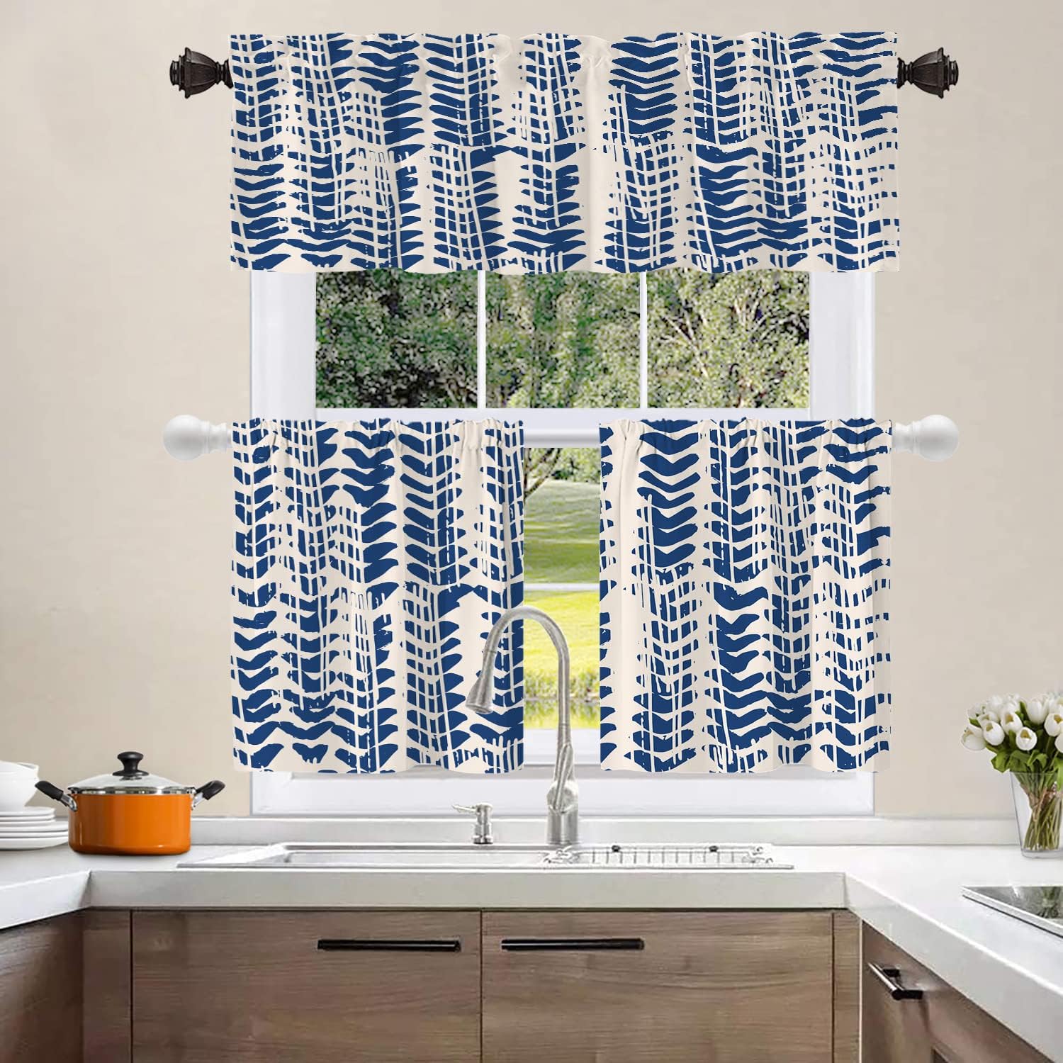 Shrahala Cenefas japonesas de cocina folclórica, textura de hojas de batik de índigo natural japonés, cortina de media ventana, tratamiento de