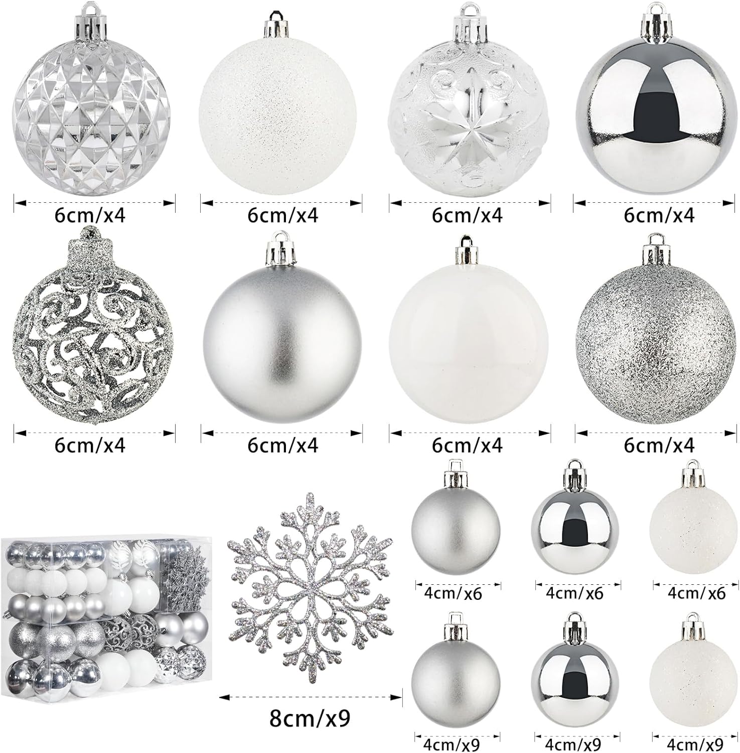 SY CRAFT Juego de 86 adornos de copos de nieve de bola de Navidad inastillables colgantes, con paquete de regalo de mano para decoración de árbol de