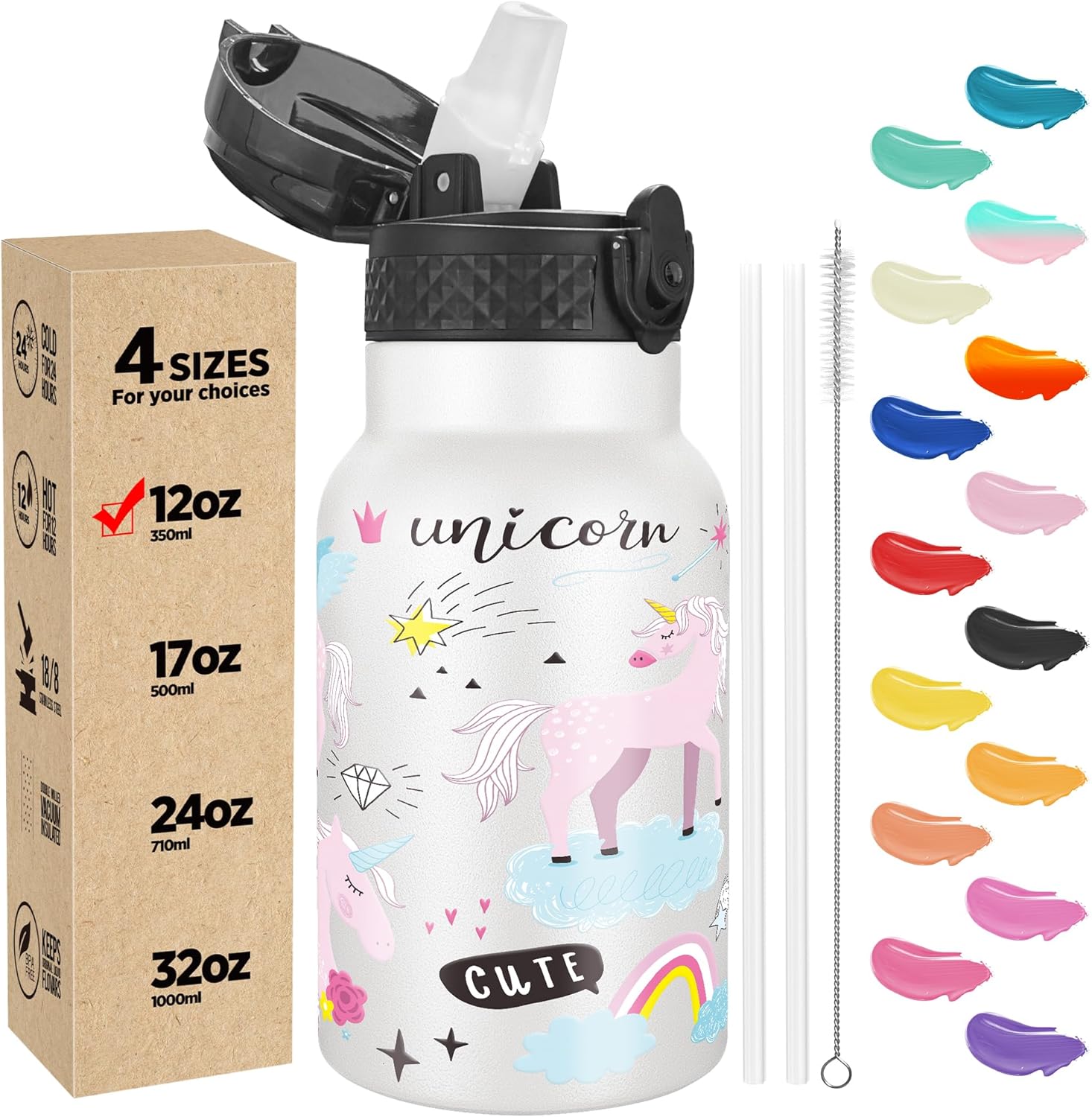 Han’s Bottle Botella de agua para niños con tapa con pajilla, vaso reutilizable de acero inoxidable aislado para niños pequeños, niñas, niños, taza