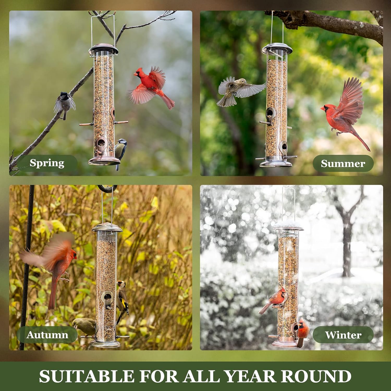 Kingsyard Comederos metálicos para colgar en exteriores, comedero para pájaros de tubo extra grueso con colgador de acero y 4 puertos, 15 pulgadas,