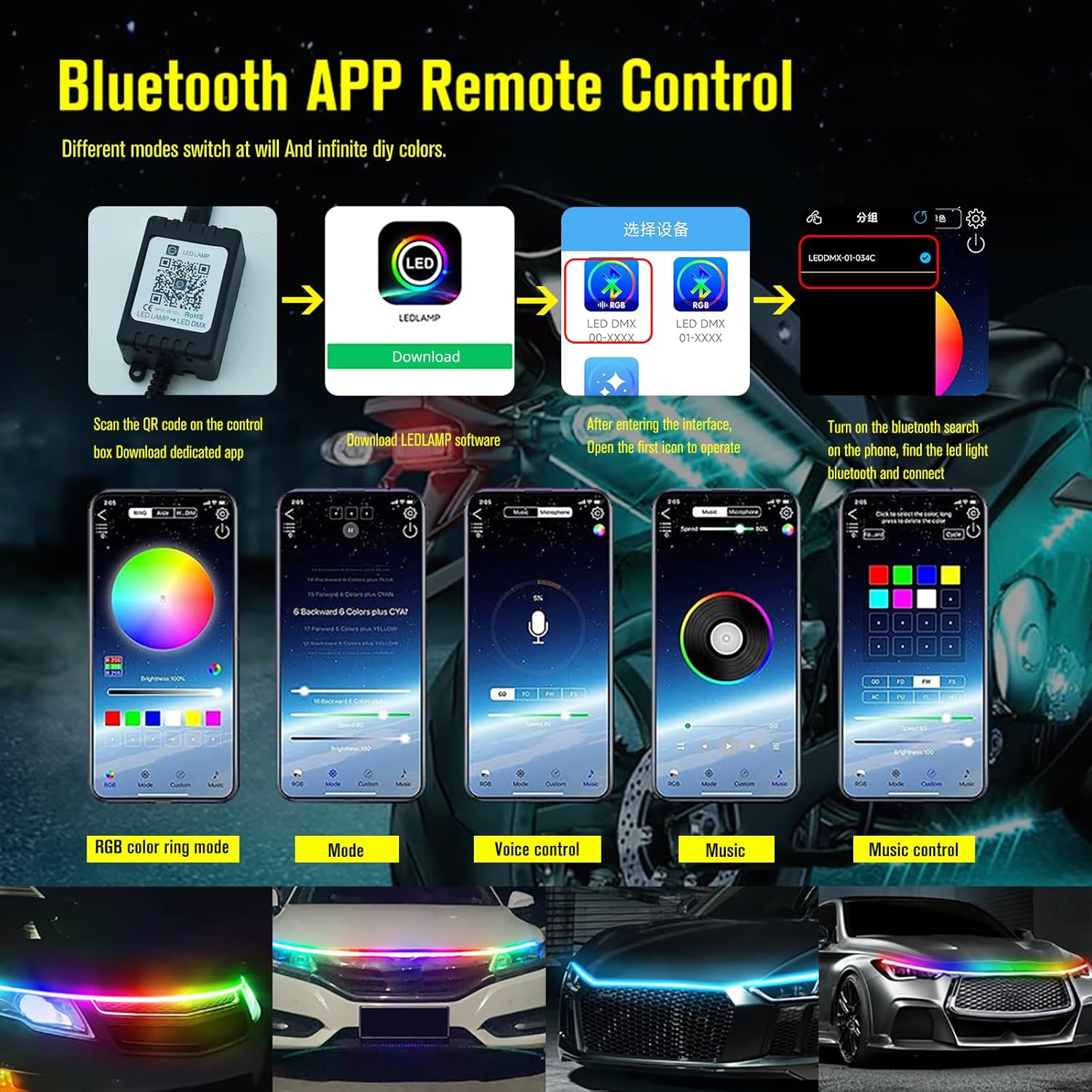Tira de luces LED para capó de automóvil, 70 pulgadas, RGB multicolor, luces exteriores de automóvil con luz dinámica de circulación diurna A