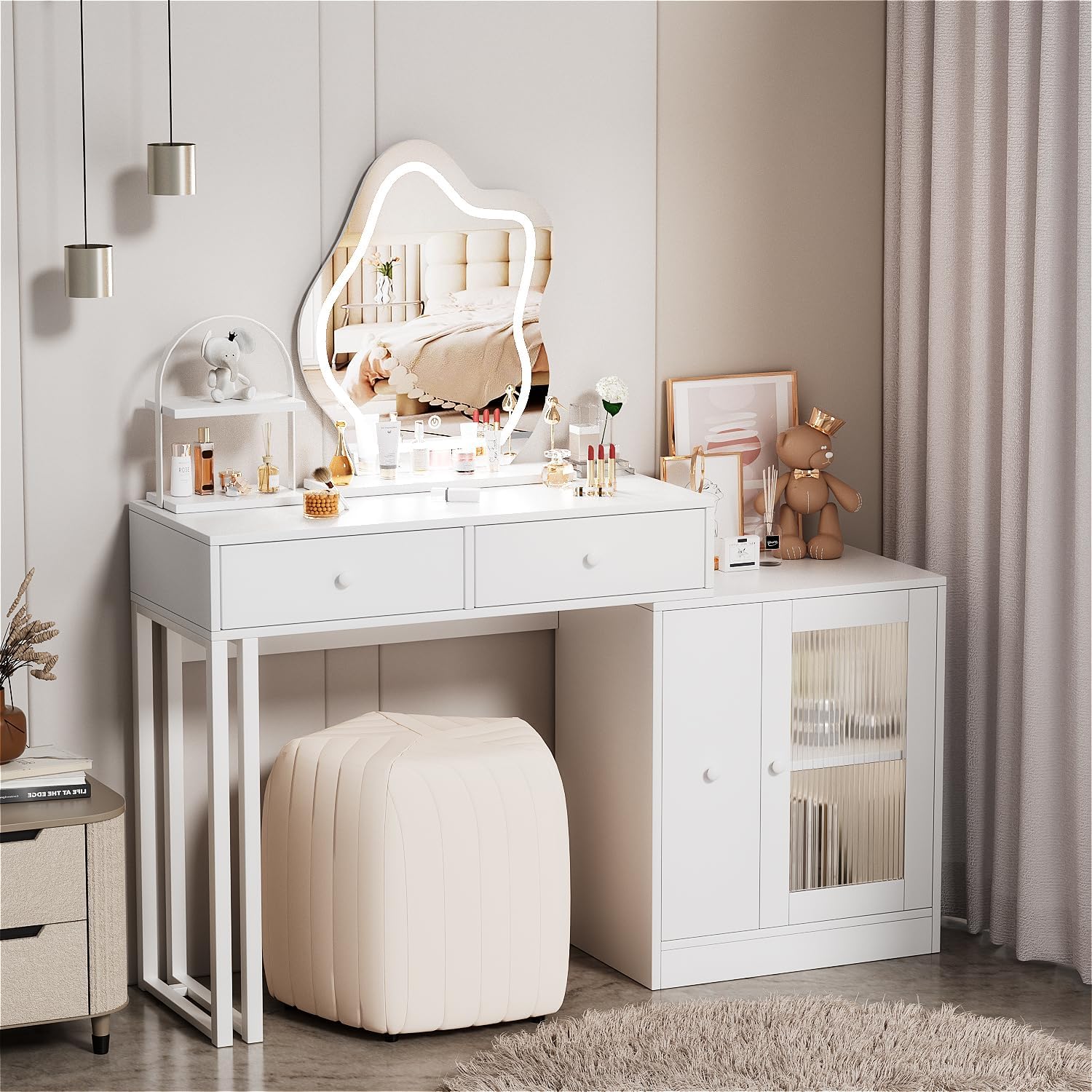 PAKASEPT Escritorio de maquillaje con espejo y luces, mesa de maquillaje con mucho almacenamiento, 3 modos de iluminación, brillo ajustable, tocador