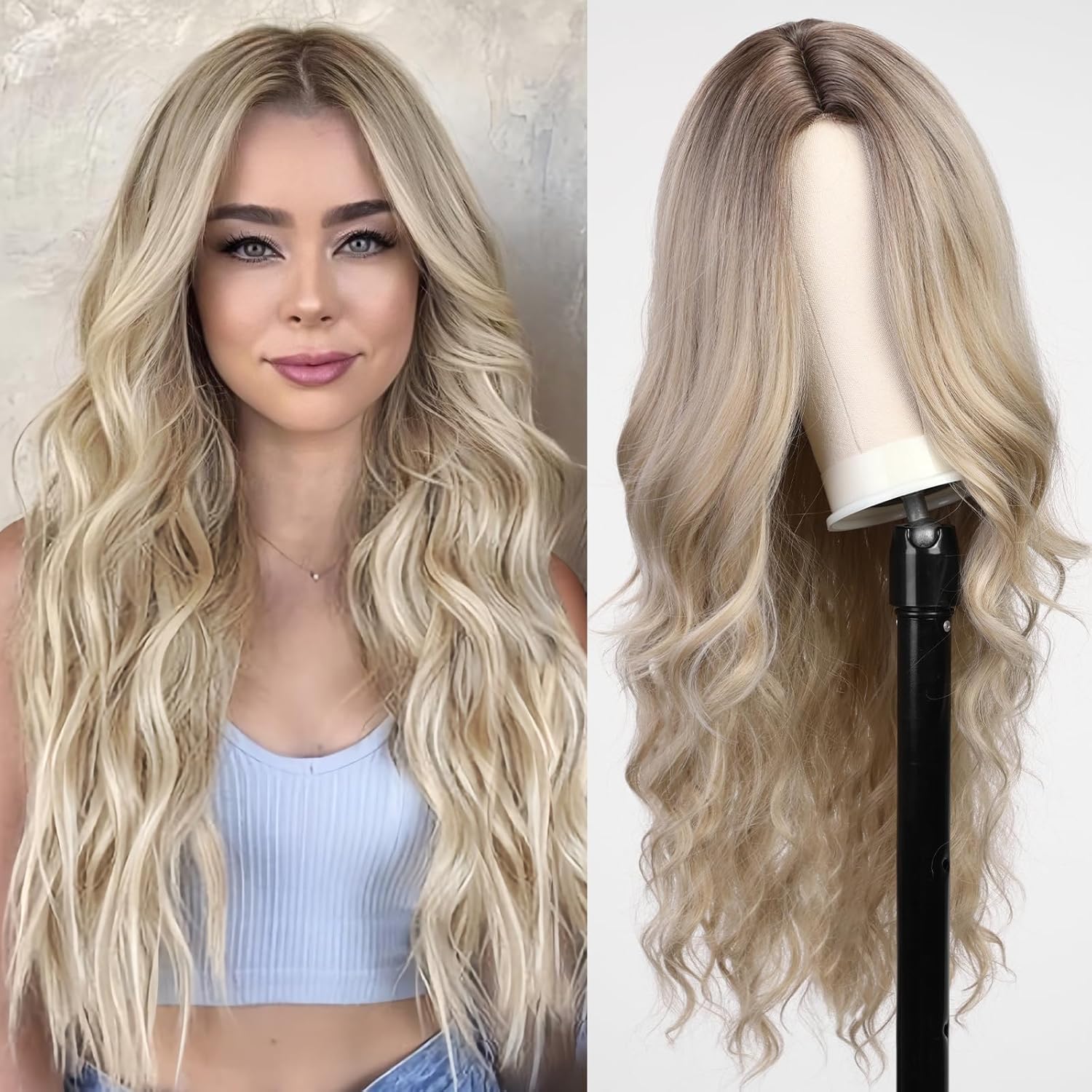 starluck Peluca larga ondulada color rubio ceniza ombré para mujer, 26 pulgadas, parte media, peluca rizada de aspecto natural, peluca de fibra
