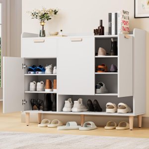 Cozy Castle Armario de almacenamiento de zapatos con puertas y cajón, organizador de zapatos delgado con estantes ajustables, zapatero de madera Cozy Castle Armario de almacenamiento de zapatos con puertas y cajón, organizador de zapatos delgado con estantes ajustables, zapatero de madera