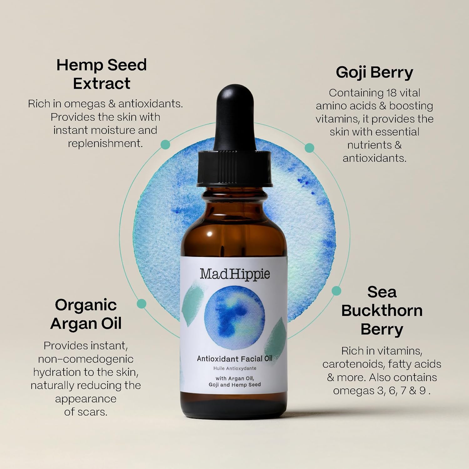 Mad Hippie Aceite facial antioxidante  Aceite facial para mujereshombres con aceite de argán orgánico, hidratante no comedogénico para la cara con
