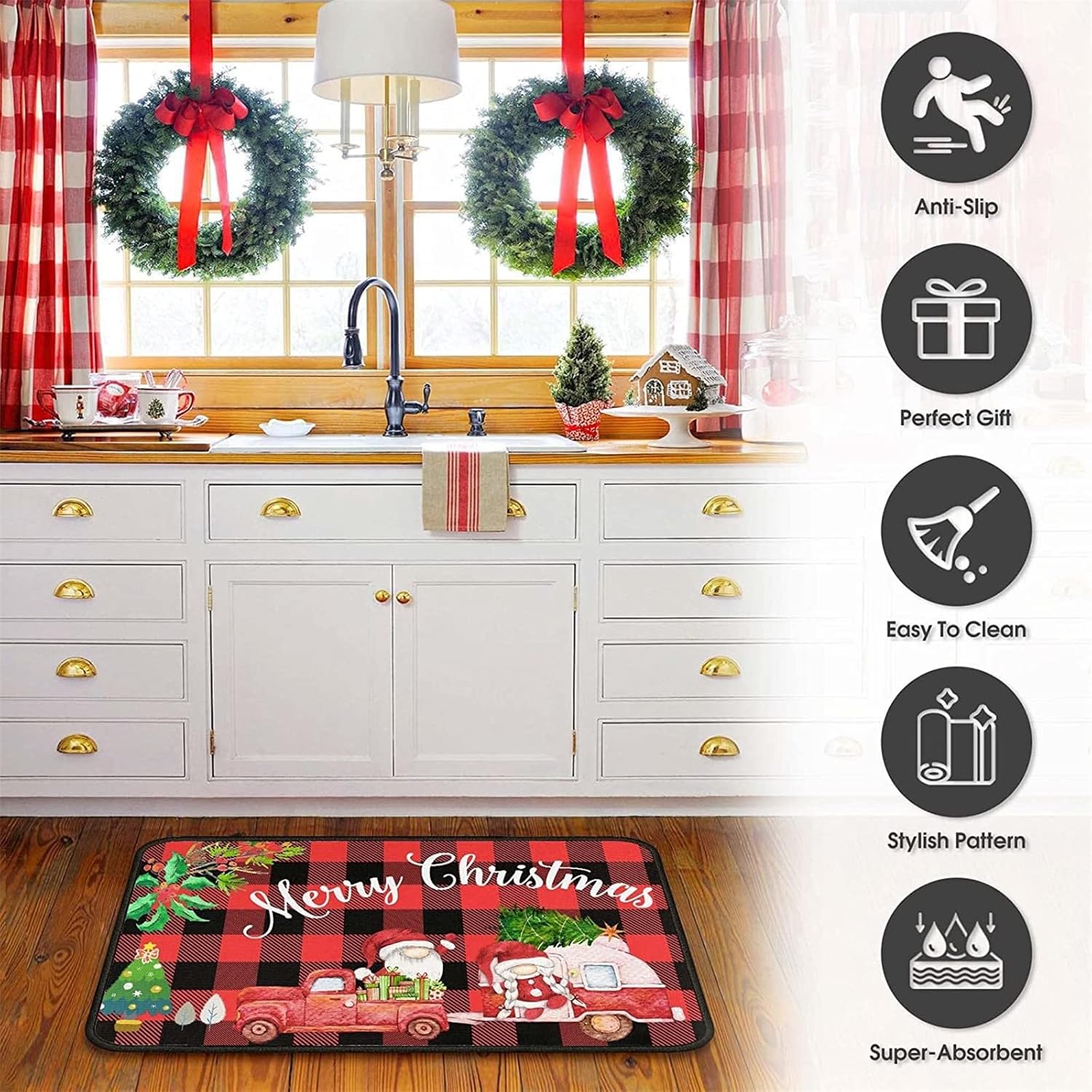 Alfombras de cocina navideñas con gnomo de Feliz Navidad, antideslizantes, acolchadas, resistentes a las manchas, lavables a máquina, juego de