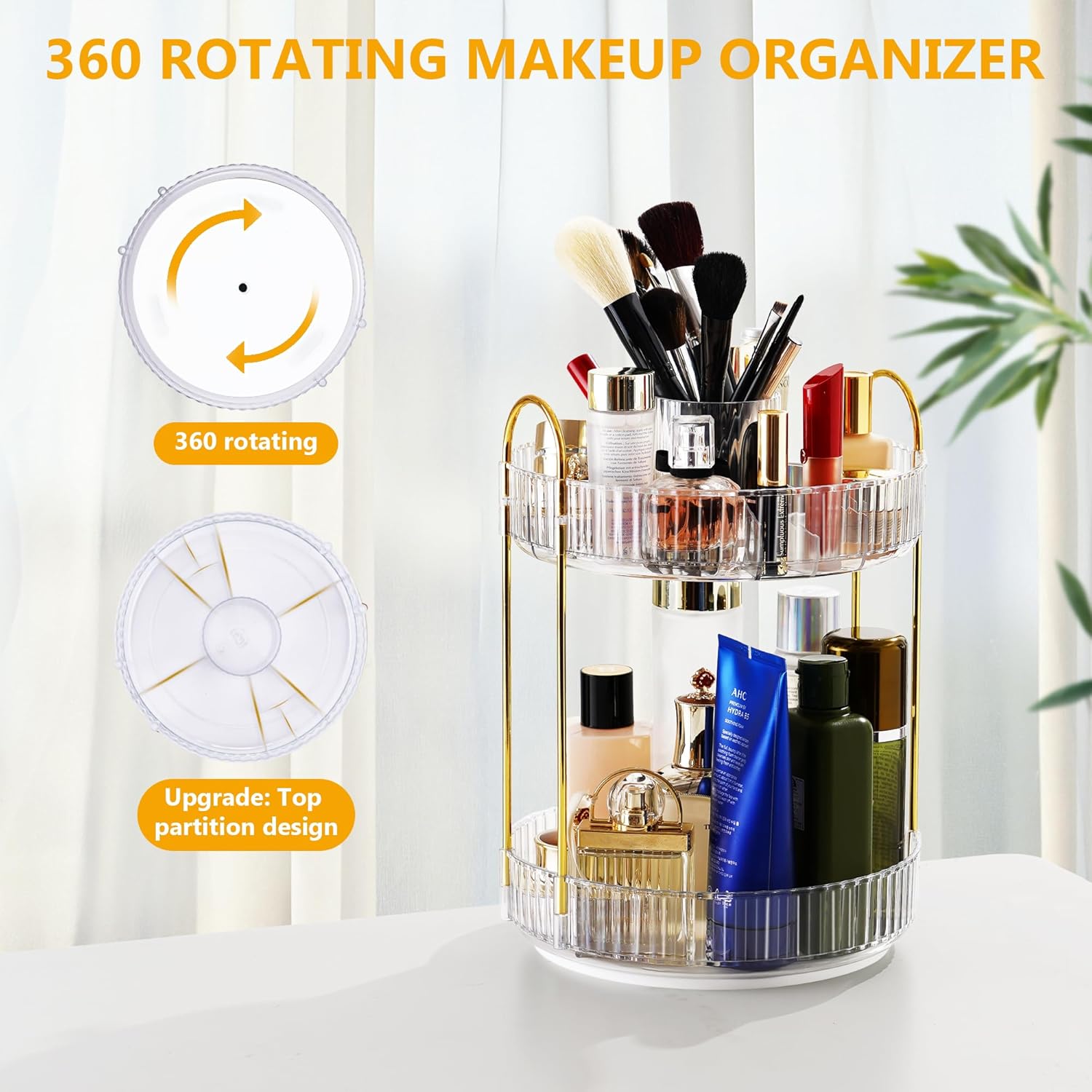 XISIYUJZ Organizador de maquillaje giratorio de 360 para tocador de 2 niveles, organizador de tocador de baño de alta capacidad, organizador de