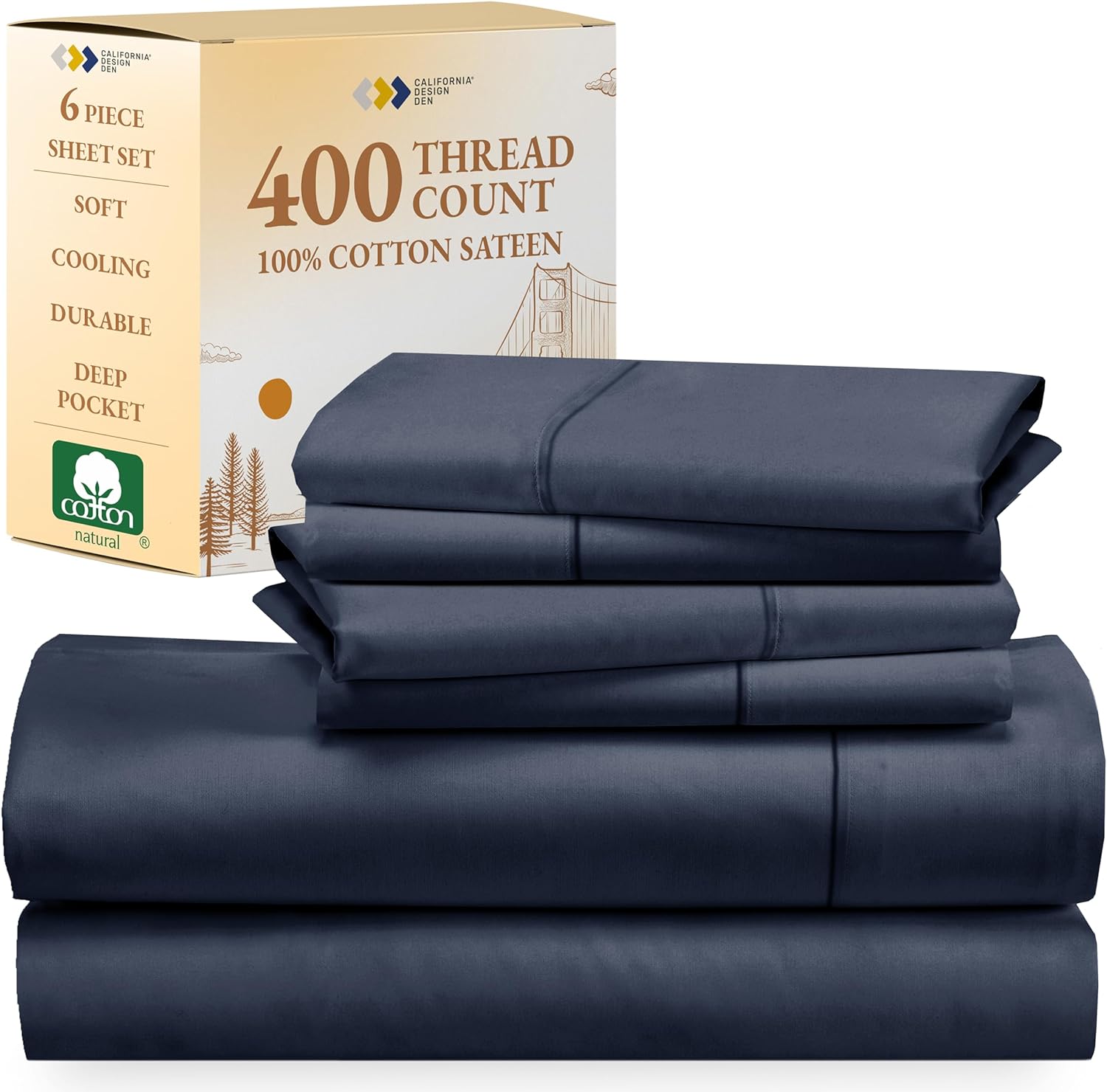 Juego de sábanas de 400 hilos y 6 piezas, tamaño King, con 4 fundas de almohada, ropa de cama de 100% algodón con tejido satinado, color azul marino