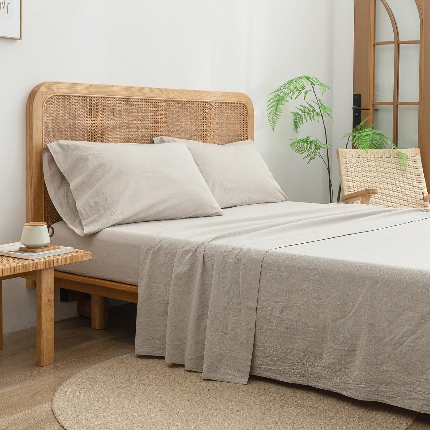 BESTOUCH Juego de sábanas 100% algodón lavado, tacto súper suave, cómodo, elegante, ligero, juego de ropa de cama de 4 piezas, lino sólido, gris,