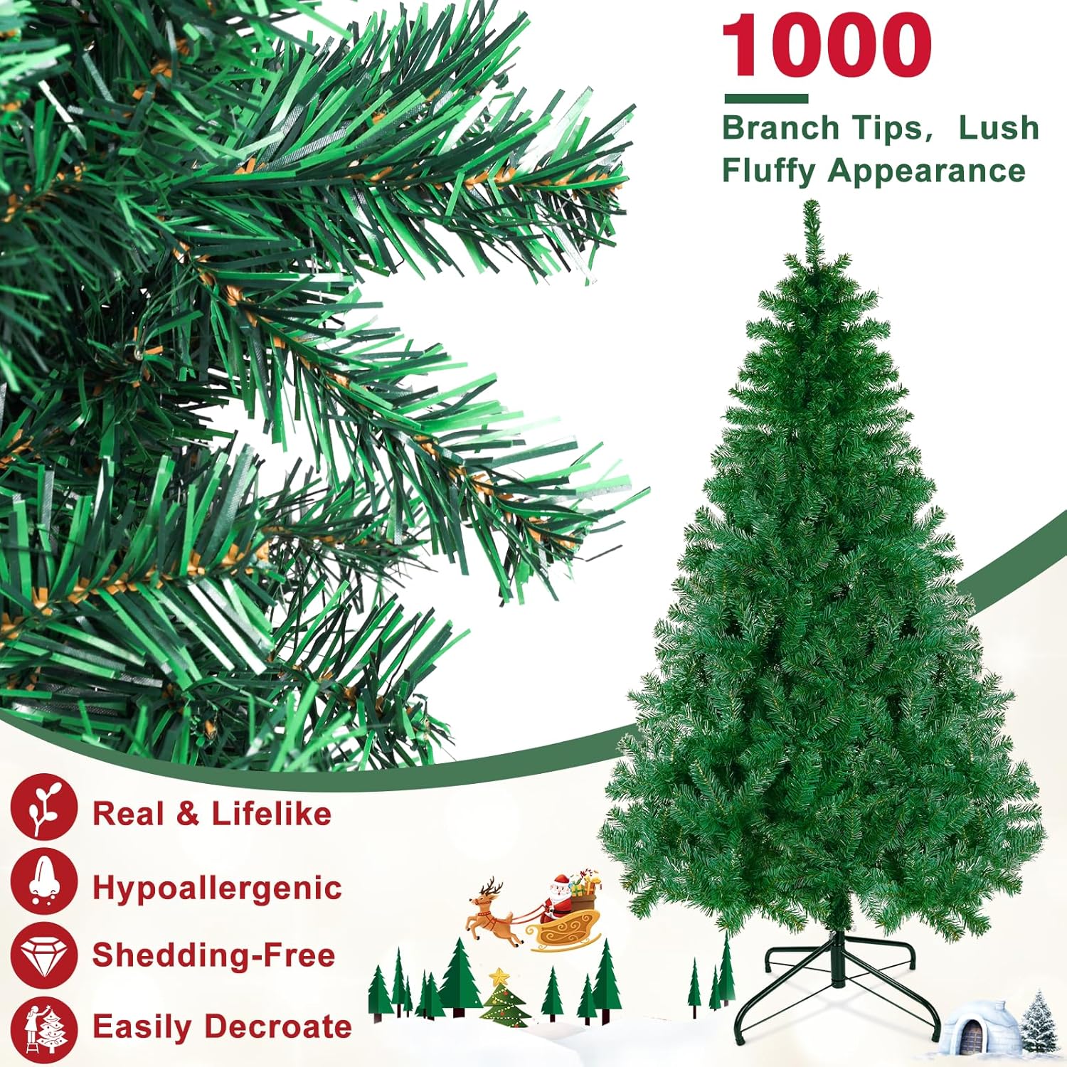 Árbol de Navidad artificial de 1,000 puntas de 6 pies sin luz verde con base de metal Choiana