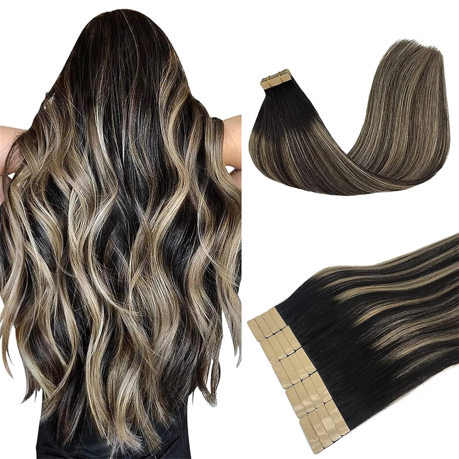DOORES – Extensiones de cabello con cinta en extensiones de cabello Remy de color real, extensiones de cabello humano natural trama de piel recta