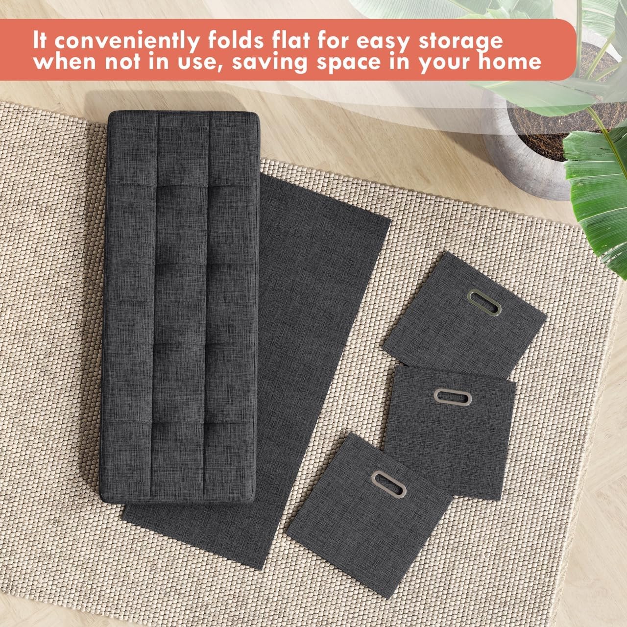 Ornavo Home Taburete otomano plegable de lino con 3 cubos de cajones, 15 x 40 x 15 pulgadas, color negro