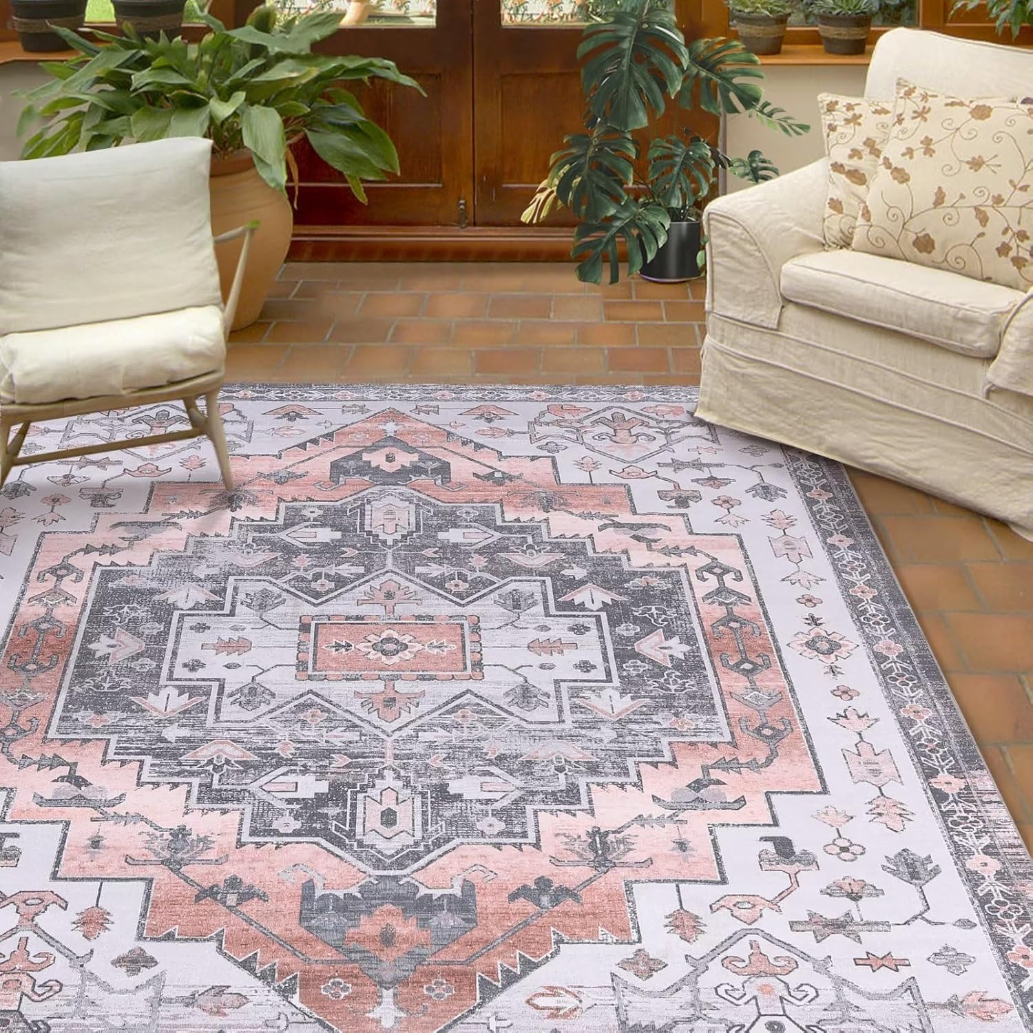 Alfombra bohemia grande de 9 x 12 pulgadas para sala de estar, espacio libre de menos de 100, parte trasera antideslizante, resistente a las