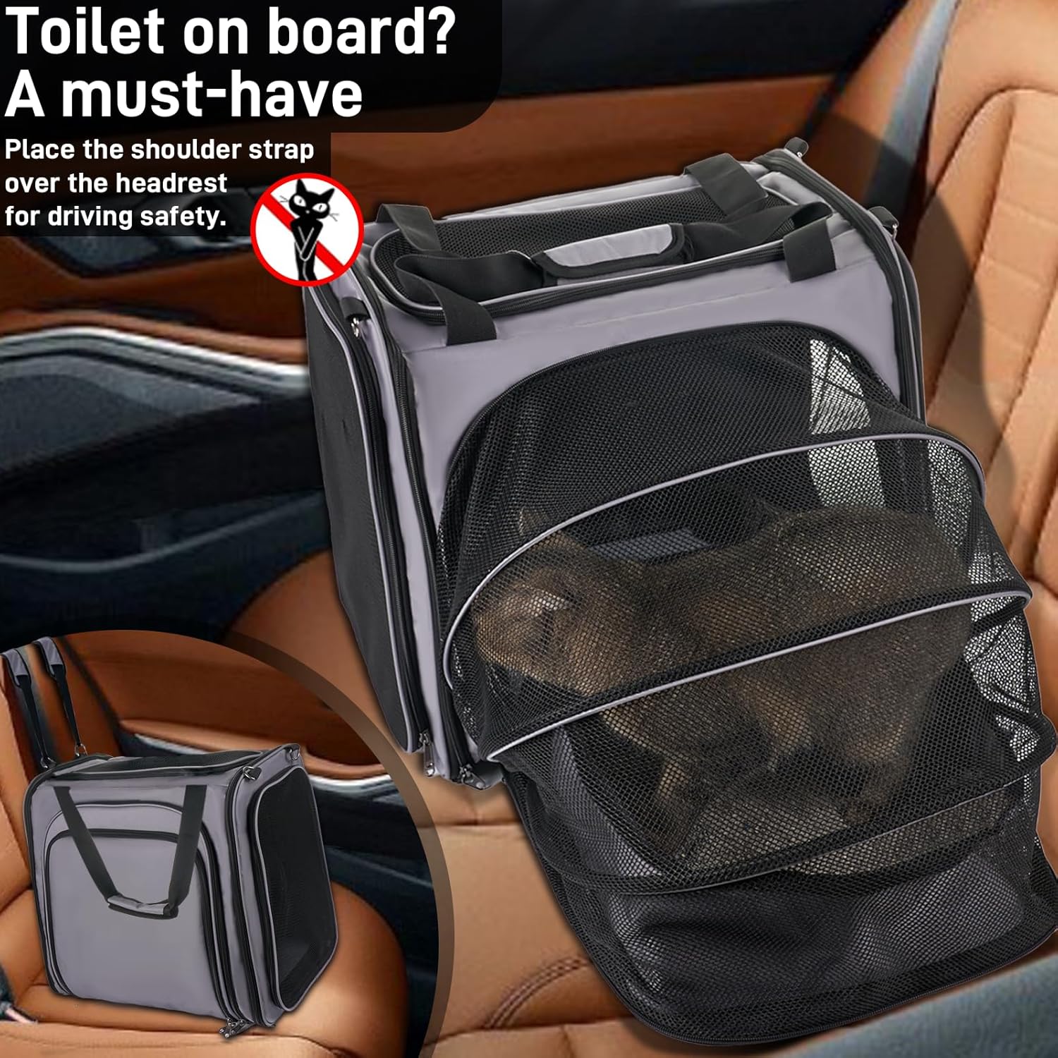 Transportador de viaje grande para gatos con caja de arena para gatos, transportador portátil expandible para gatos con caja de arena plegable a