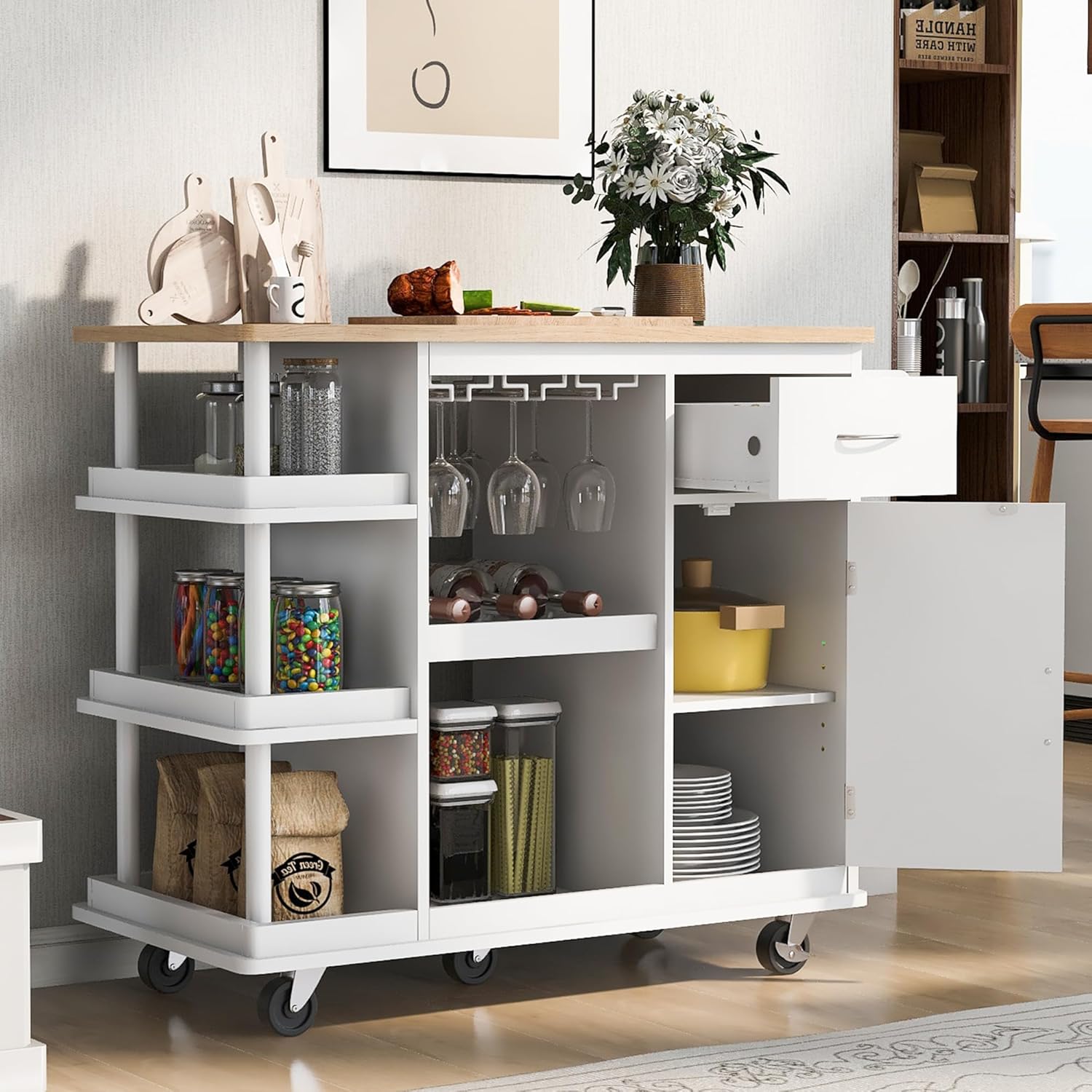 Carrito de cocina multiusos con gabinete de almacenamiento, cajón, estante ajustable y gancho lateral, isla de cocina rodante sobre 5 ruedas con