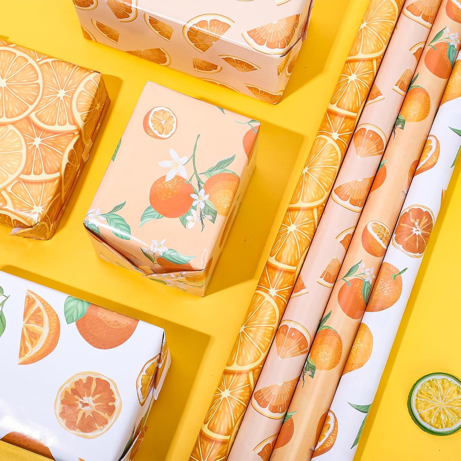 AnyDesign 12 hojas de papel de regalo de frutas, 4 diseños, acuarela naranja, papel de regalo plano plegado, papel de arte cítrico para cumpleaños,