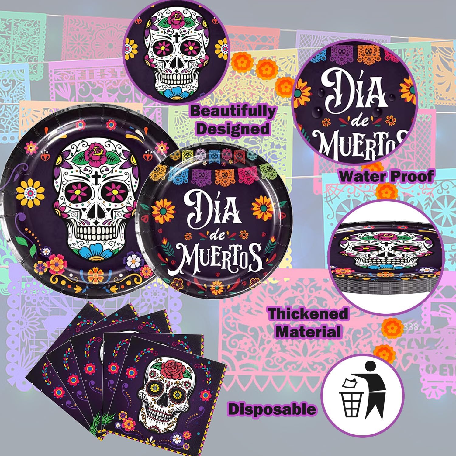 Juego de 64 piezas de vajilla para fiesta del Día de los Muertos Día de los Muertos, suministros de fiesta de calavera de azúcar, platos para fiesta