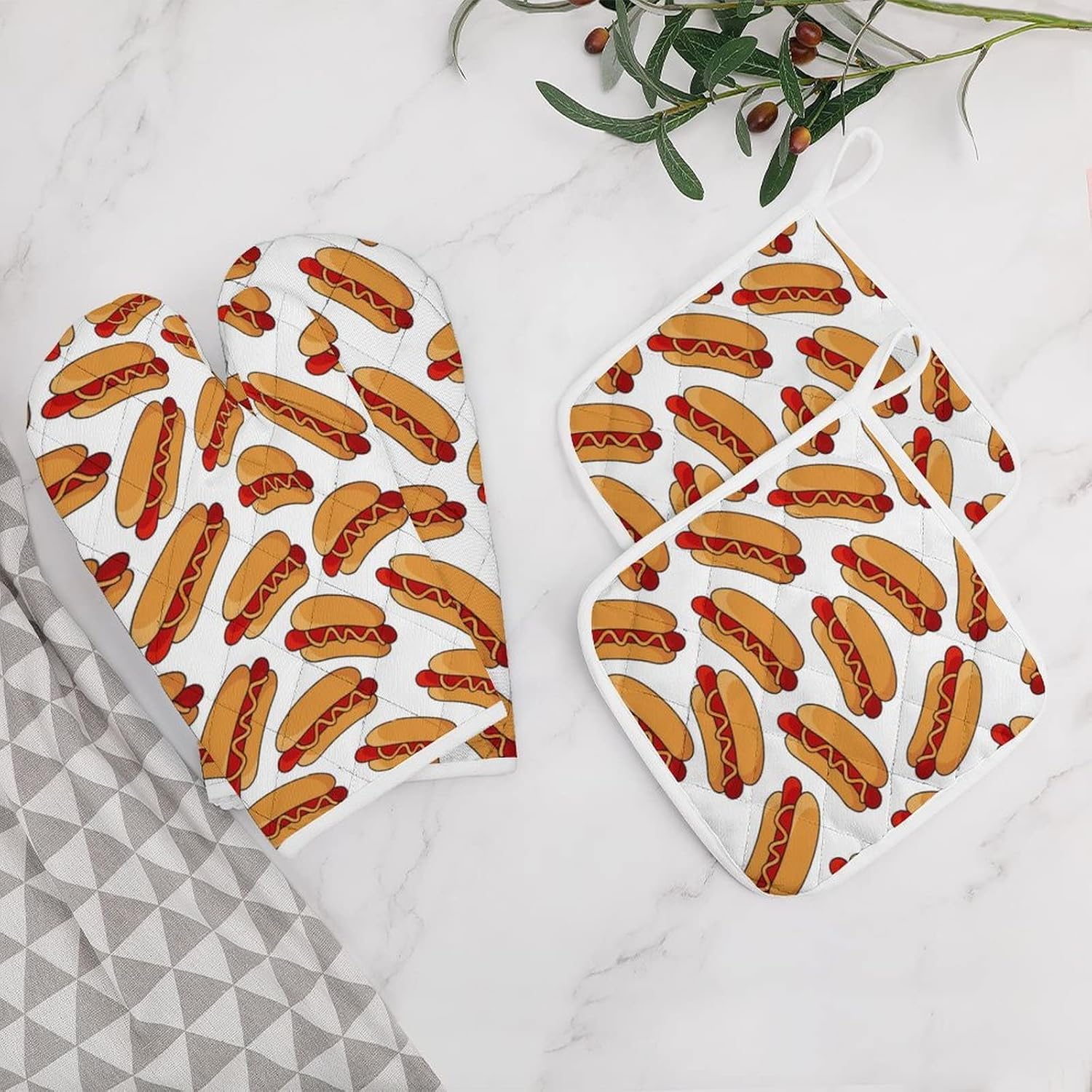 Juego de 4 manoplas de horno y soportes para ollas para perros calientes, resistentes al calor, guantes antideslizantes, decoración de cocina para