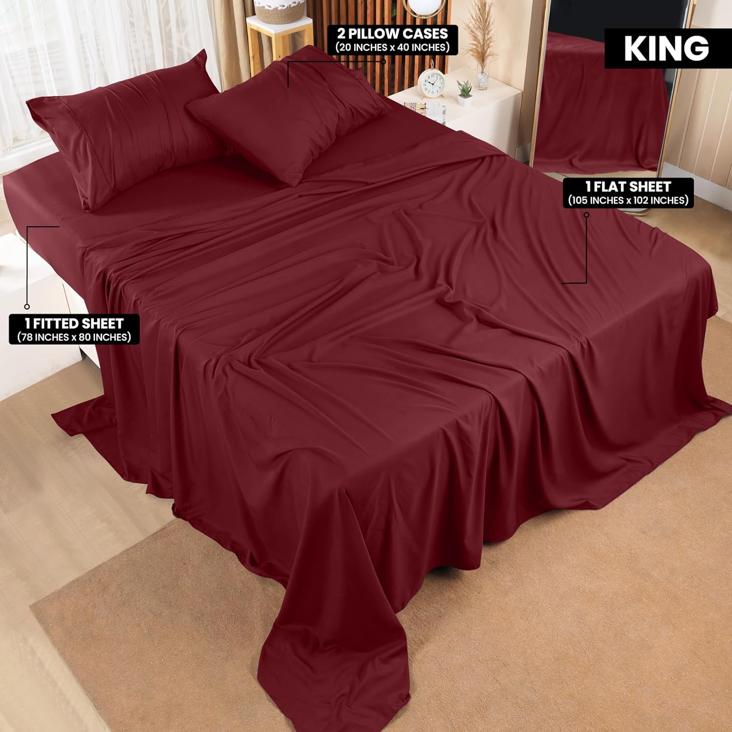 Utopia Bedding Juego de sábanas de 4 piezas, microfibra cepillada, resistente al encogimiento y a la decoloración, fácil cuidado (King, rojo borgoña)