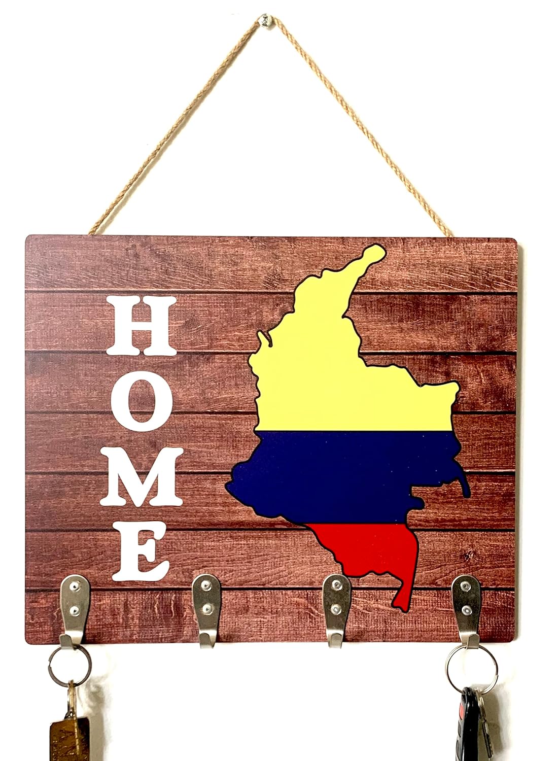 Key holder with the flag and map of COLOMBIA, ideal to highlight COLOMBIAN pride. Four stainless steel hooks. wood effect.