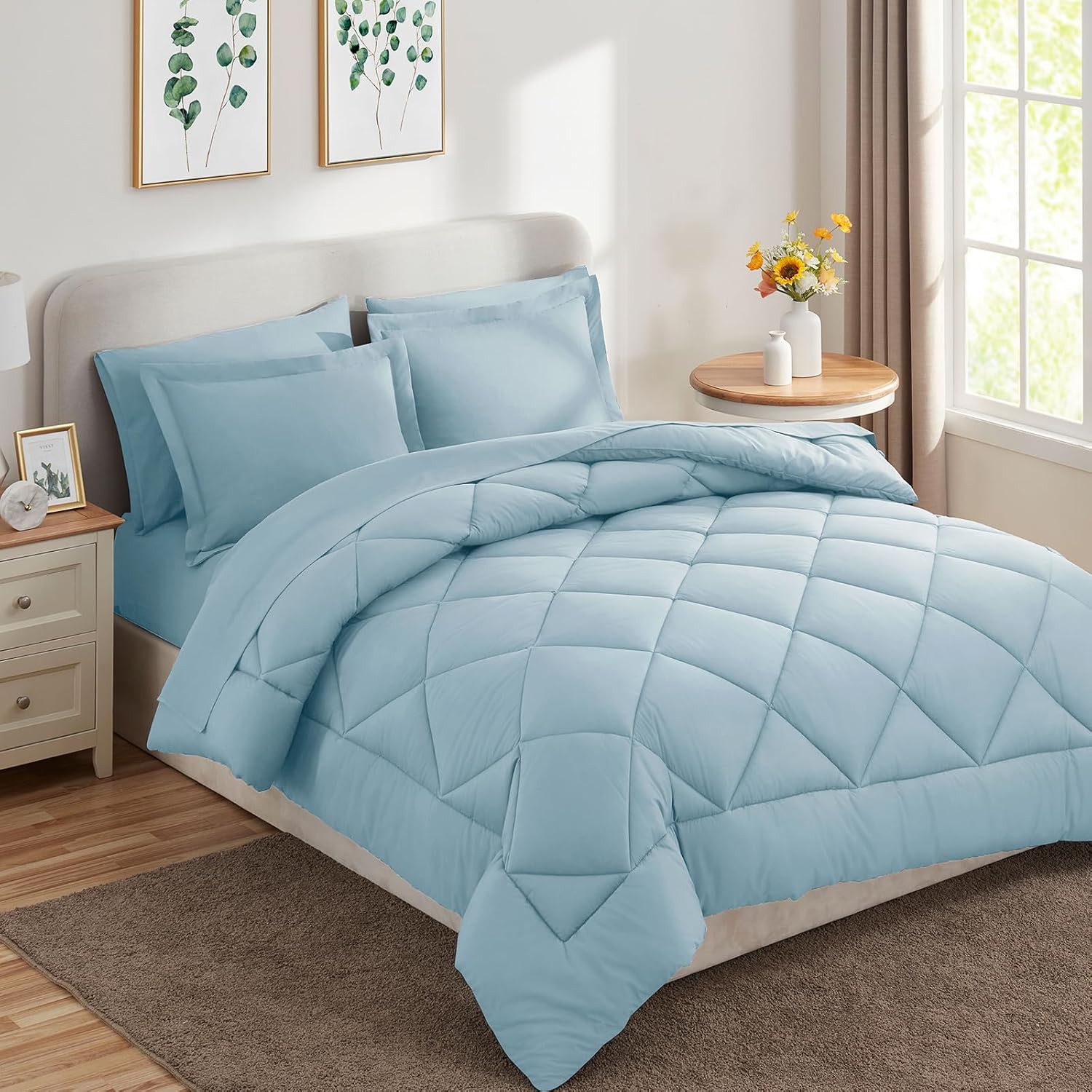 CozyLux Juego de edredón matrimonial con sábanas de 7 piezas, ropa de cama en una bolsa, color azul claro, para todas las estaciones, con edredón,