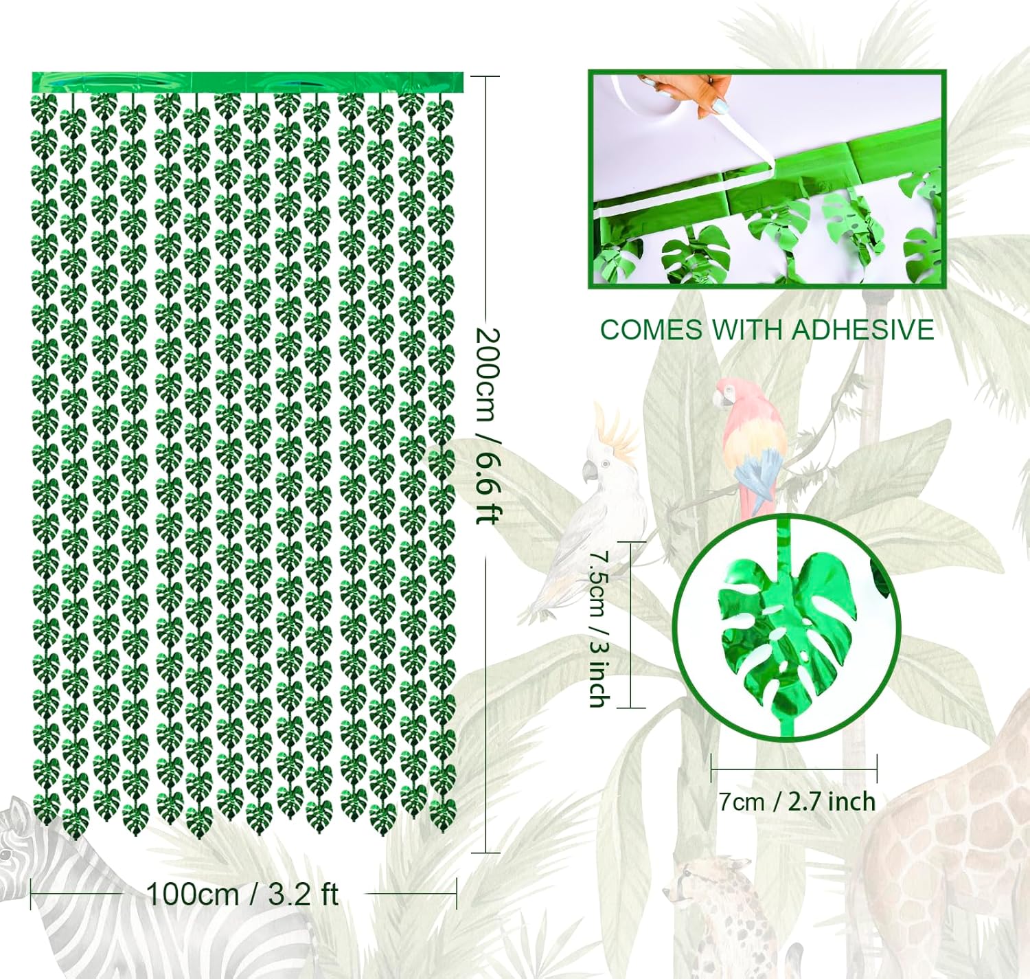 Decoraciones tropicales para fiestas, paquete de 2 unidades, diseño de hojas de palmera tropicales verdes, 3.3 x 6.6 pies, cortinas de flecos de