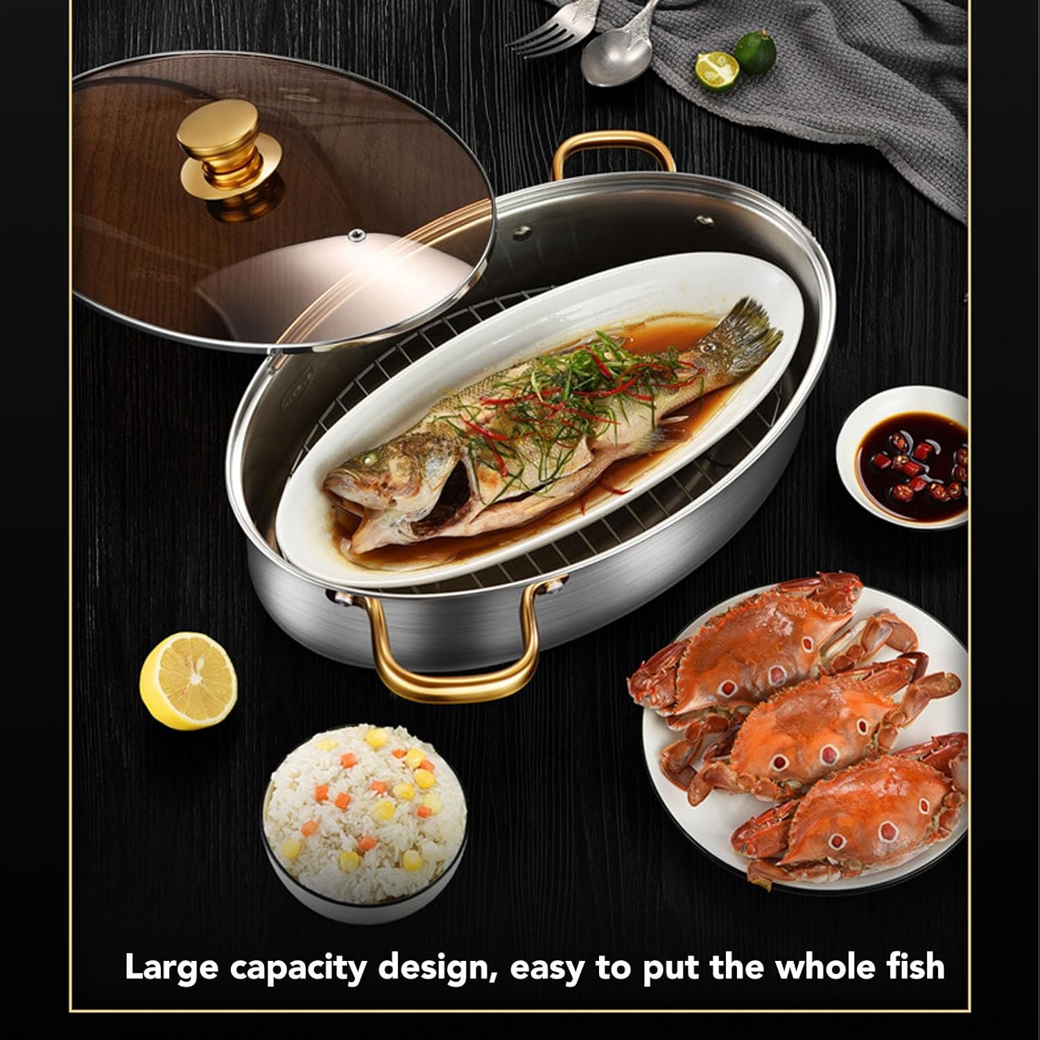 Vaporizador de pescado de acero inoxidable, olla ovalada resistente con tapa de sartén de cerámica, olla de cocina multiusos para cocinar sopa de