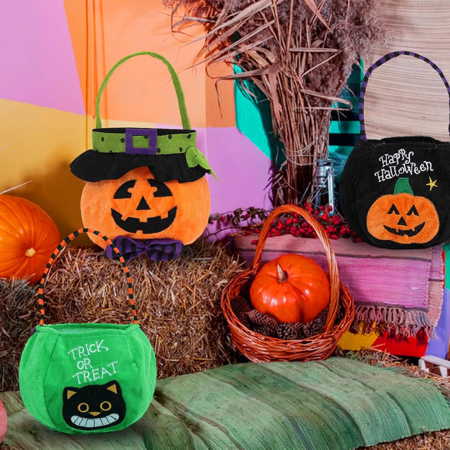 Bolsas de golosinas de Halloween para dulce o truco, bolsas de calabaza reutilizables, bolsas de lona para suministros de fiesta