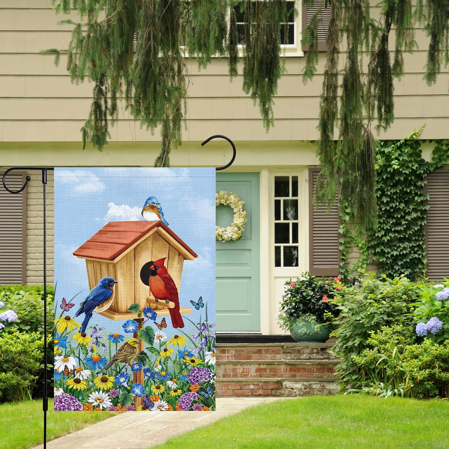 Louise Maelys Bandera de bienvenida para jardín de pájaros de primavera de 12 x 18 pulgadas, vertical de doble cara, de arpillera, pequeño, floral,