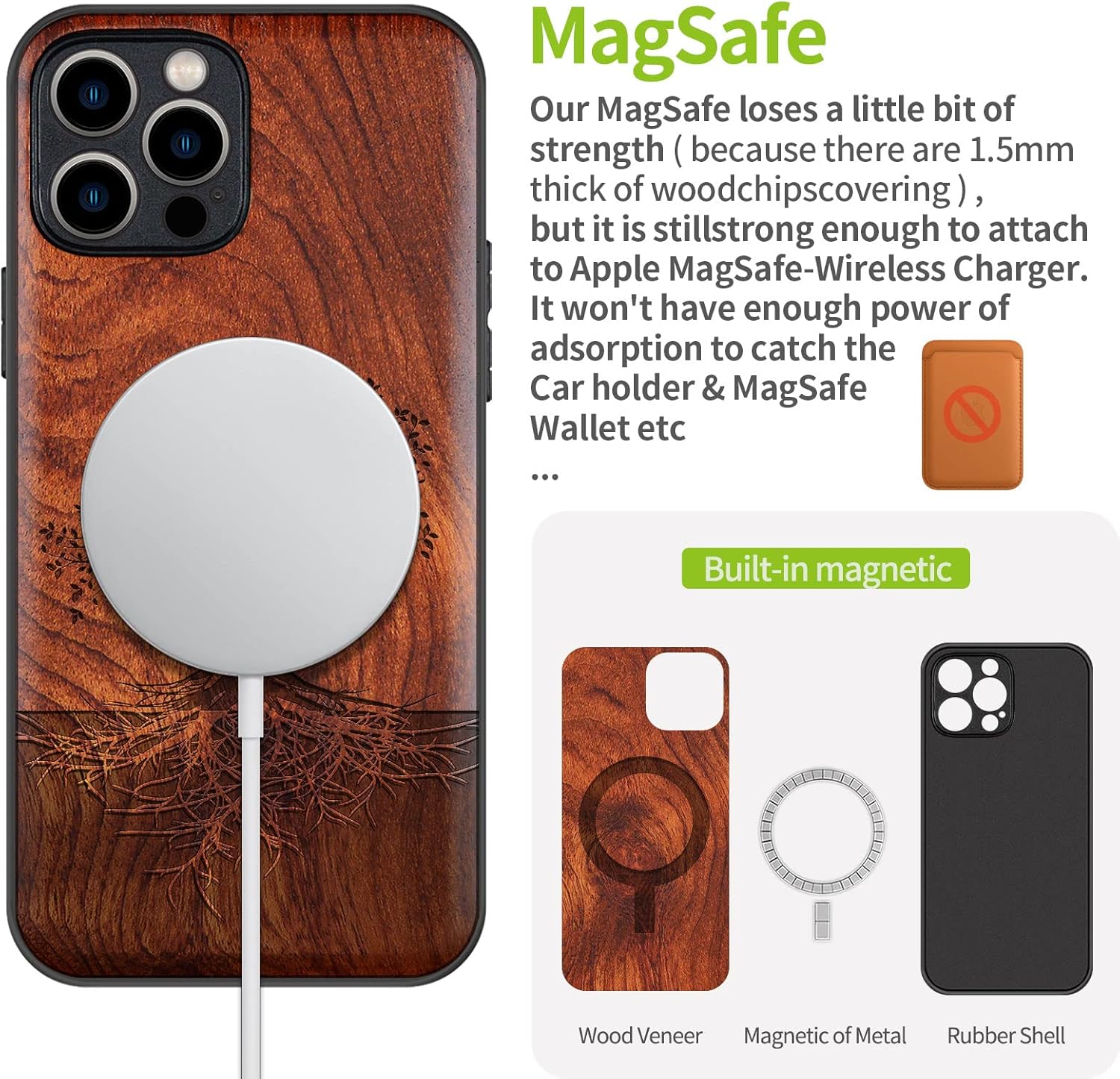Carveit Funda magnética de madera para iPhone 12 Pro madera real dura y TPU suave negro a prueba de golpes, funda protectora única y elegante de