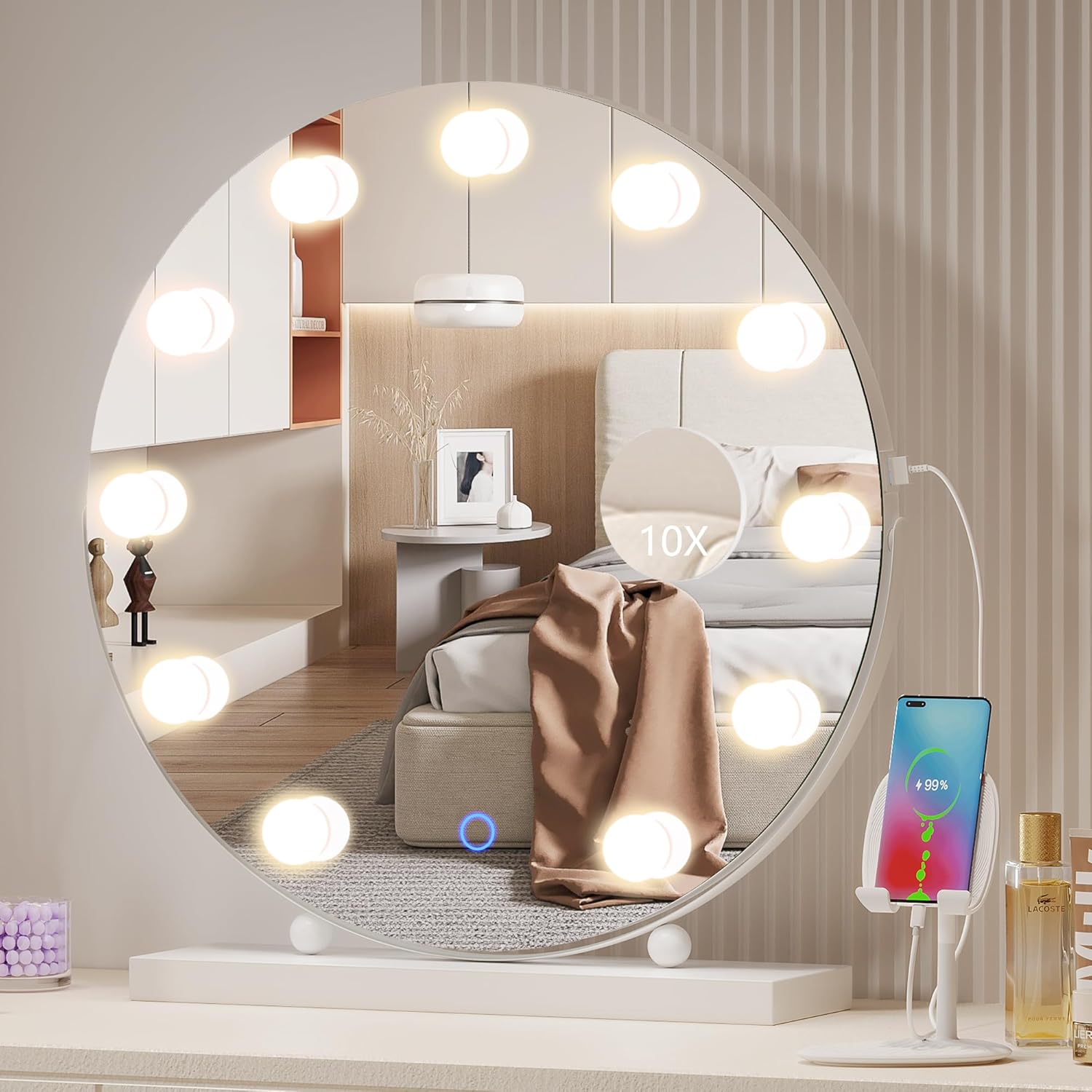 LVSOMT Hollywood Espejo de tocador de maquillaje con luces, espejo LED de 20 pulgadas con aumento de 10X, espejo de escritorio iluminado con 3 modos